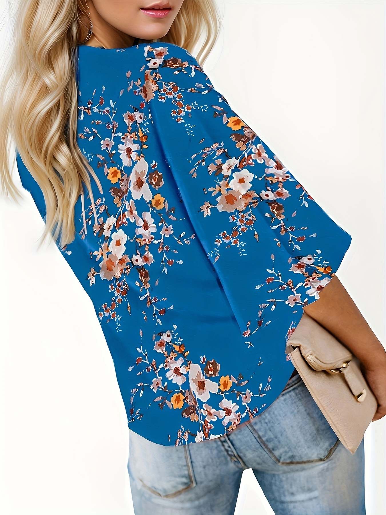 floral print lace up loose blouse elegant 3 4 butterfly sleeve v neck blouse womens clothing details 2