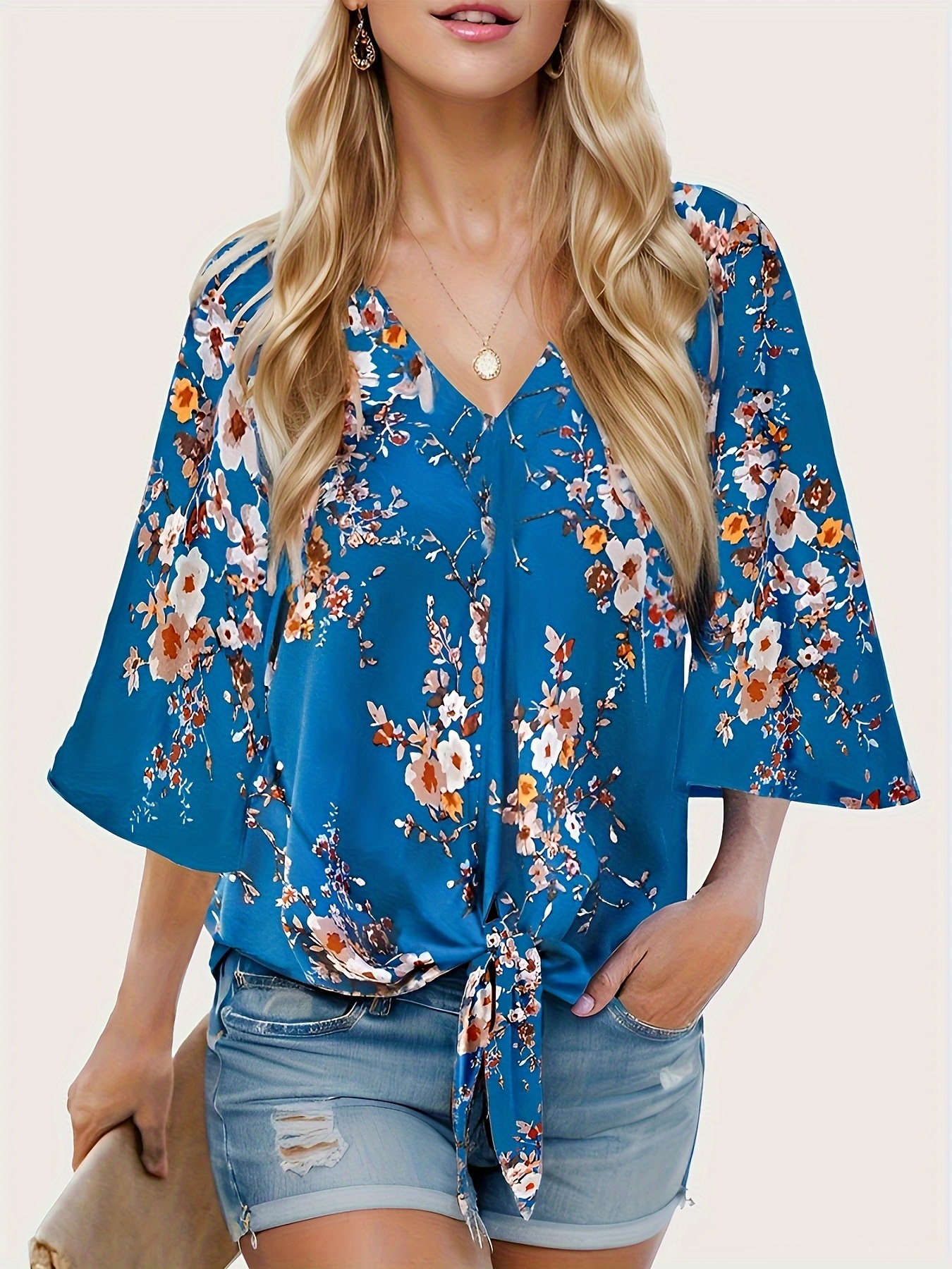 floral print lace up loose blouse elegant 3 4 butterfly sleeve v neck blouse womens clothing details 3