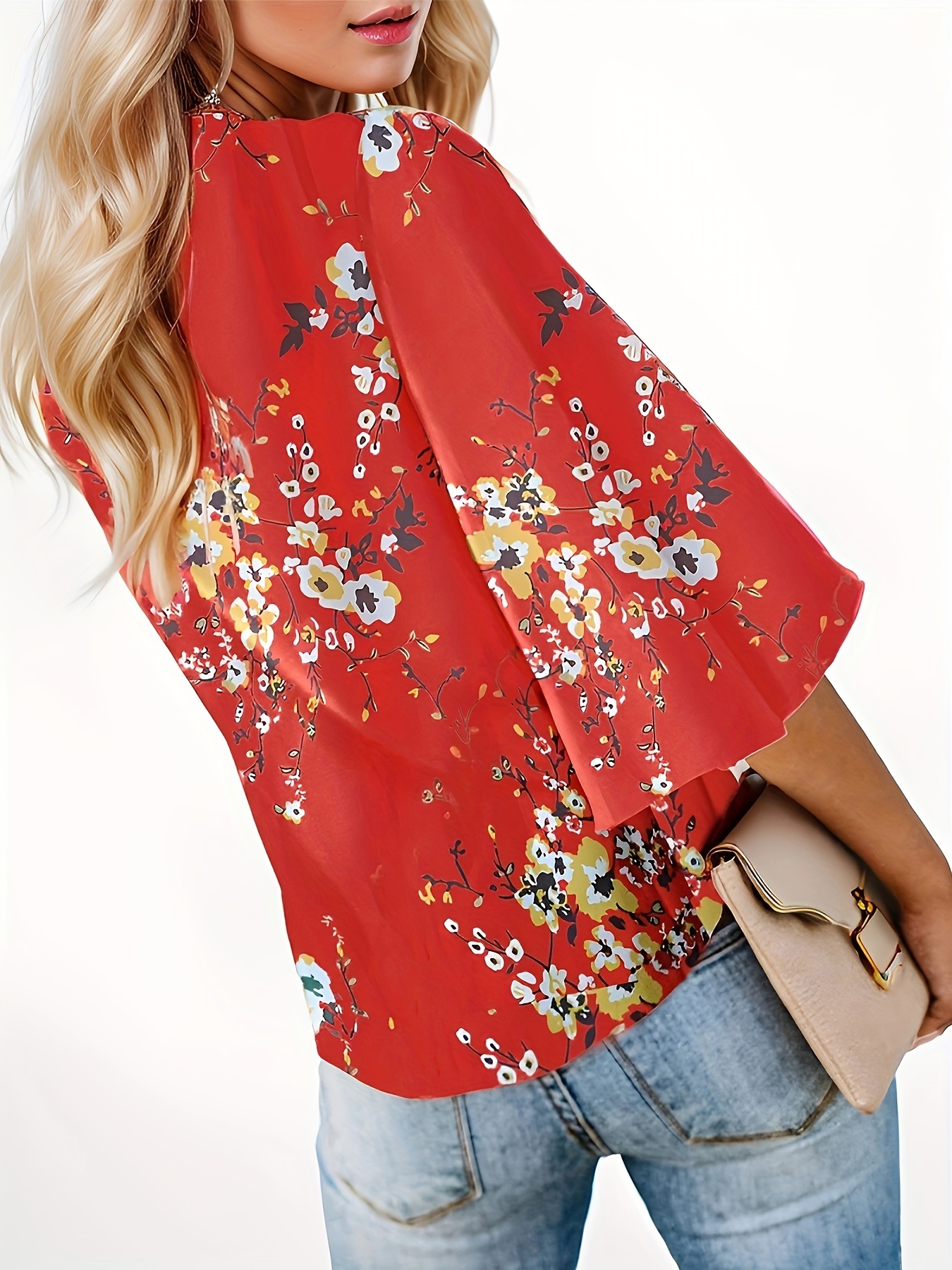 floral print lace up loose blouse elegant 3 4 butterfly sleeve v neck blouse womens clothing details 4