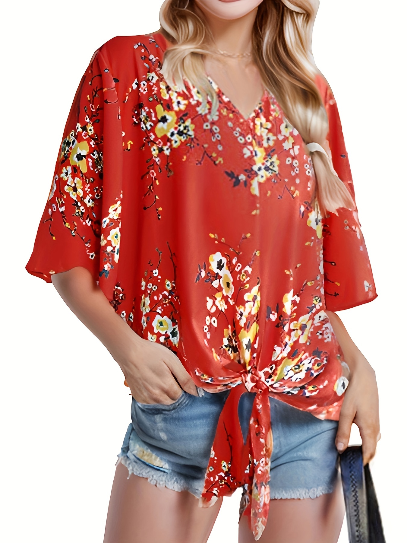 floral print lace up loose blouse elegant 3 4 butterfly sleeve v neck blouse womens clothing details 6