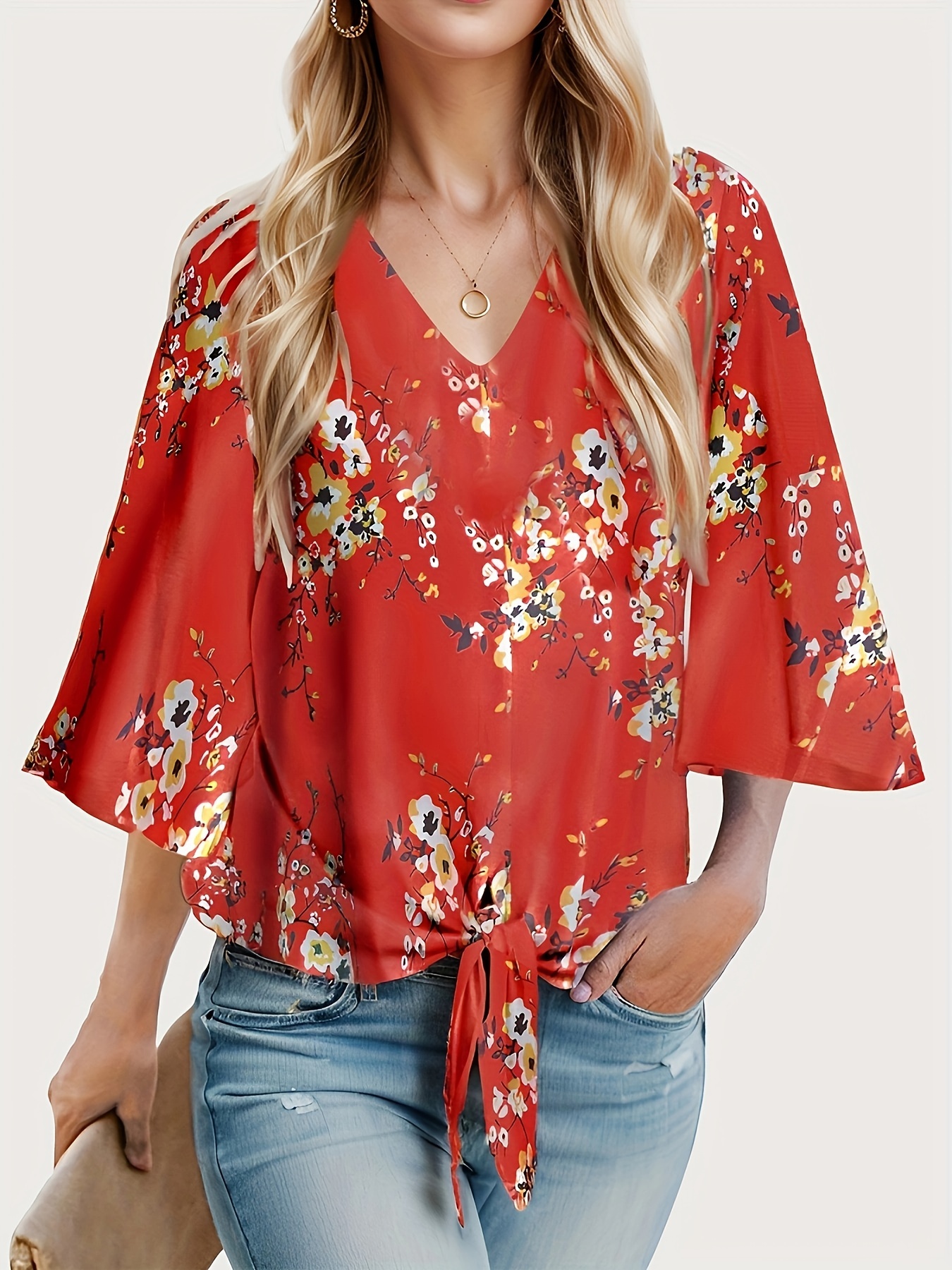 floral print lace up loose blouse elegant 3 4 butterfly sleeve v neck blouse womens clothing details 7