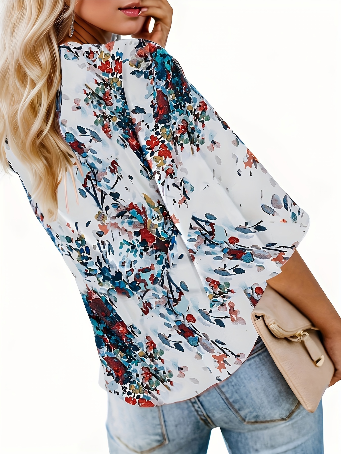 floral print lace up loose blouse elegant 3 4 butterfly sleeve v neck blouse womens clothing details 10