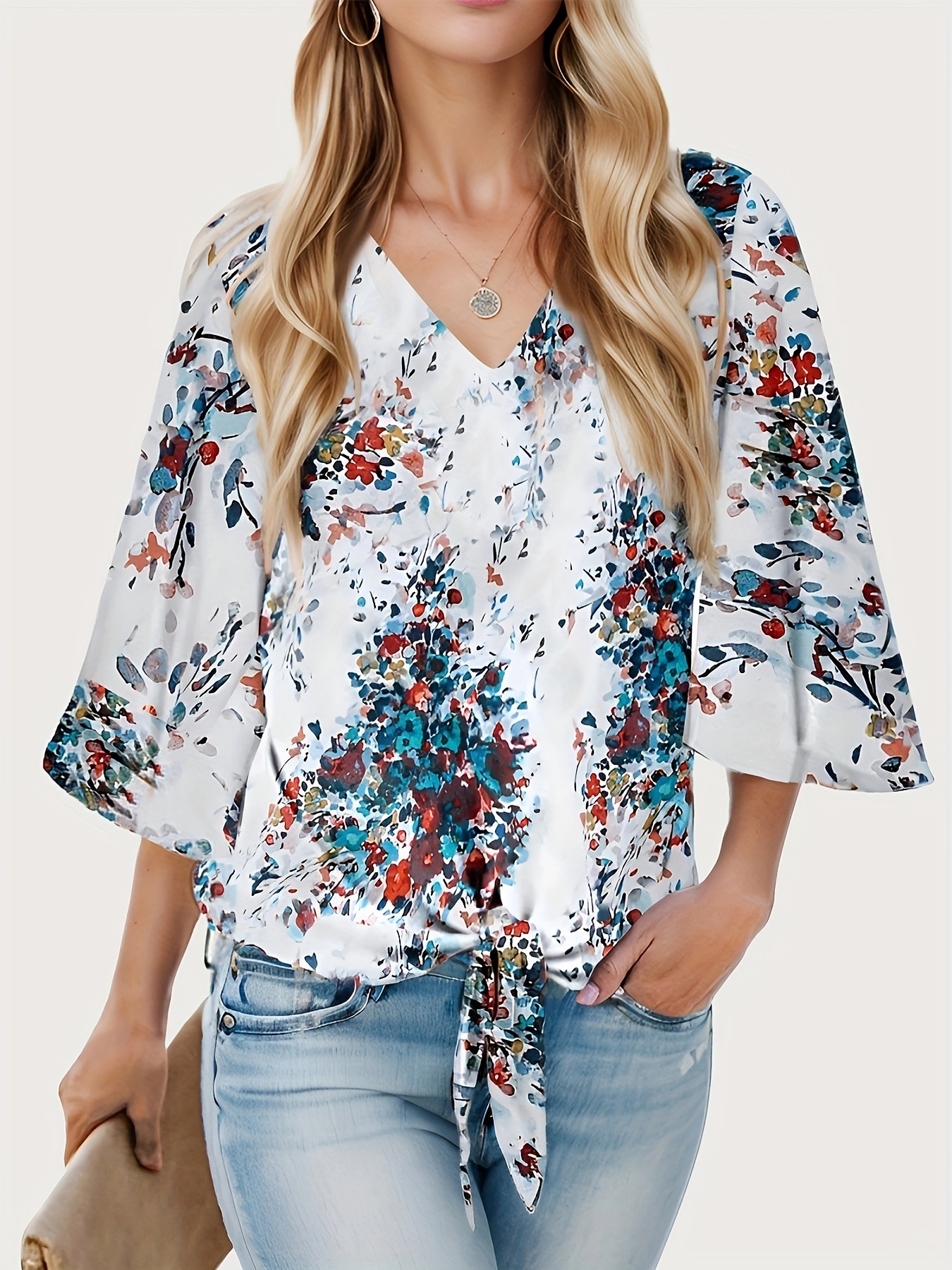 floral print lace up loose blouse elegant 3 4 butterfly sleeve v neck blouse womens clothing details 11