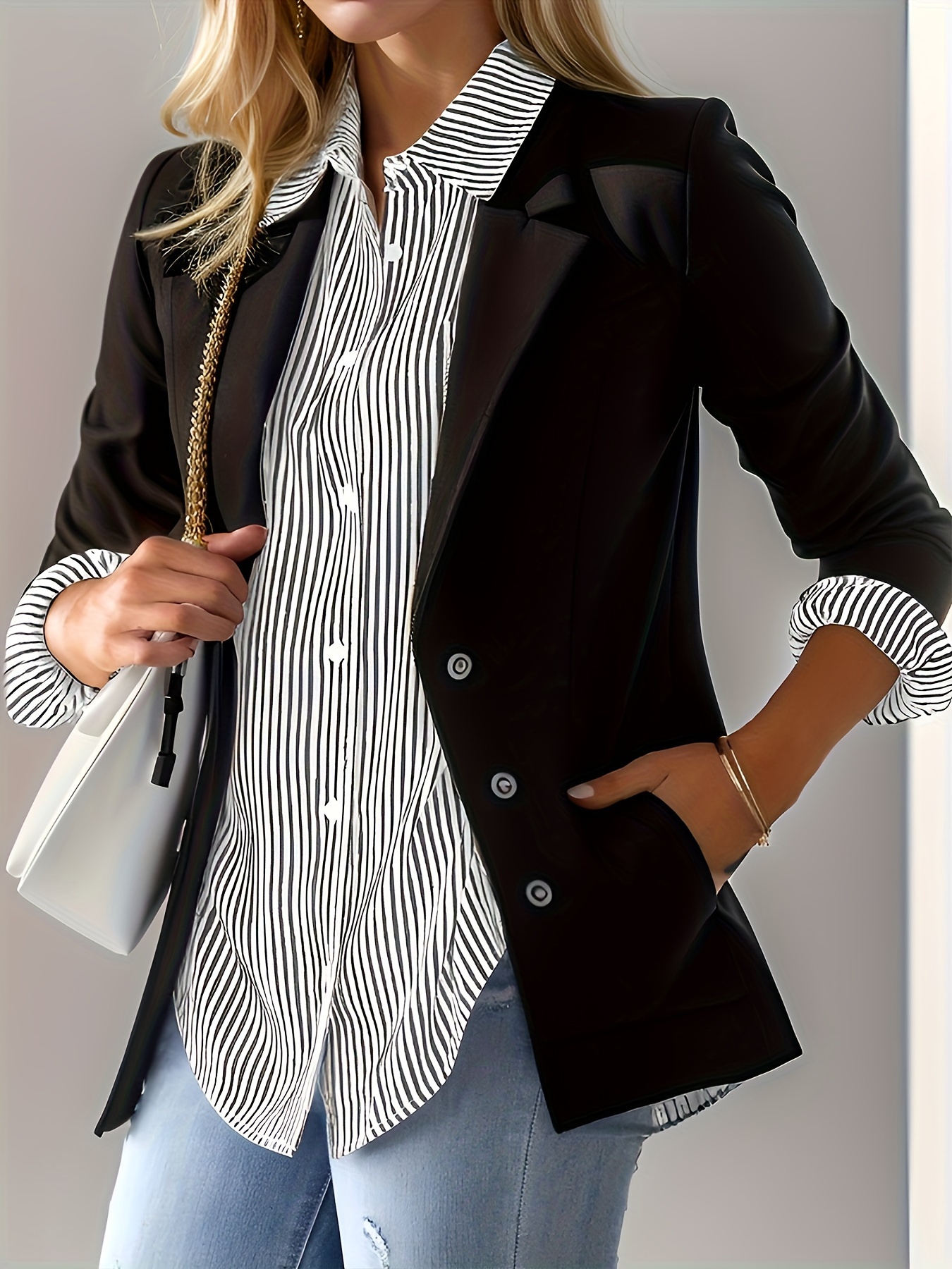 stripes print button front shirt casual long sleeve lapel neck shirt for spring fall womens clothing details 6