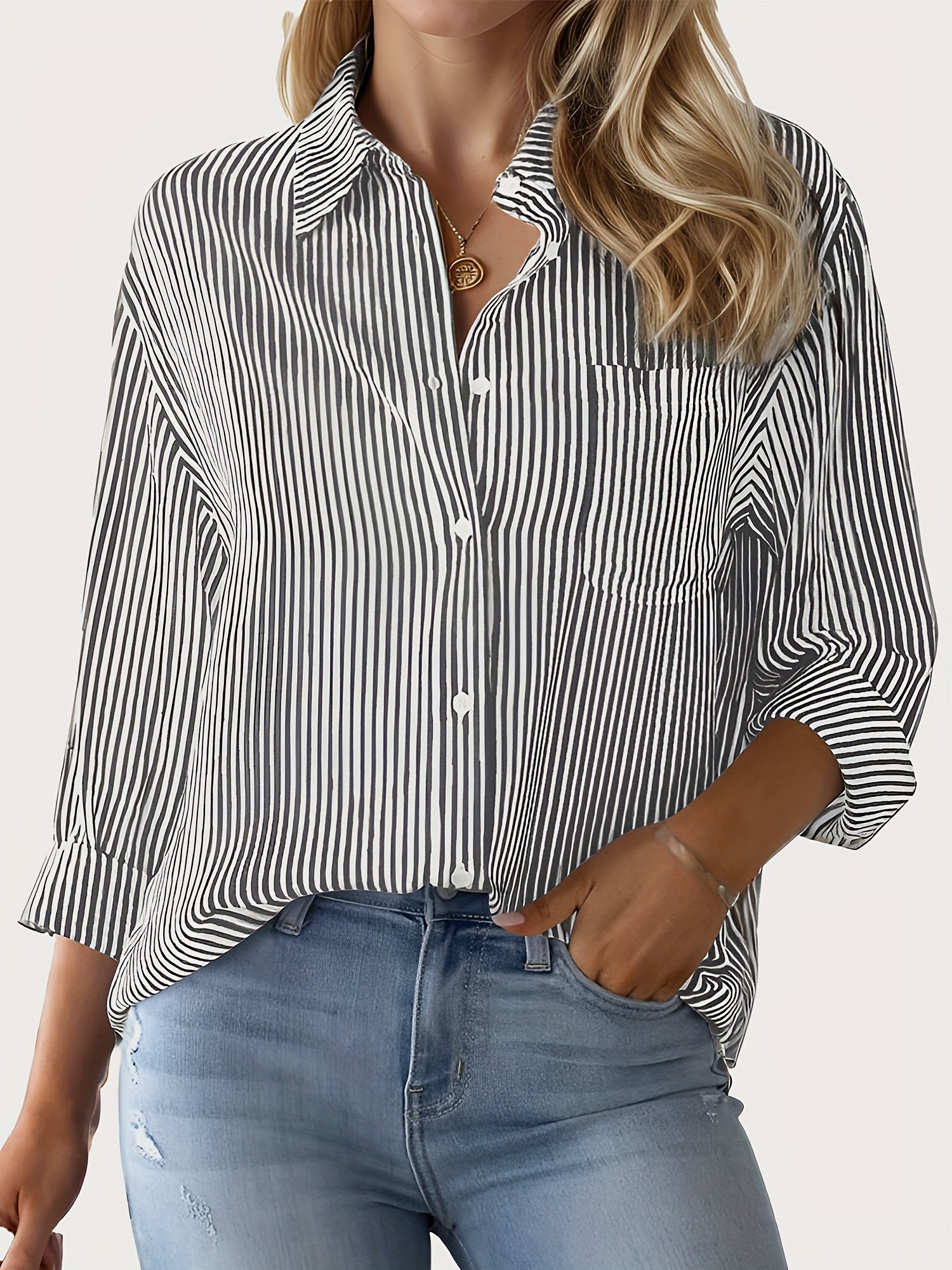 stripes print button front shirt casual long sleeve lapel neck shirt for spring fall womens clothing details 8