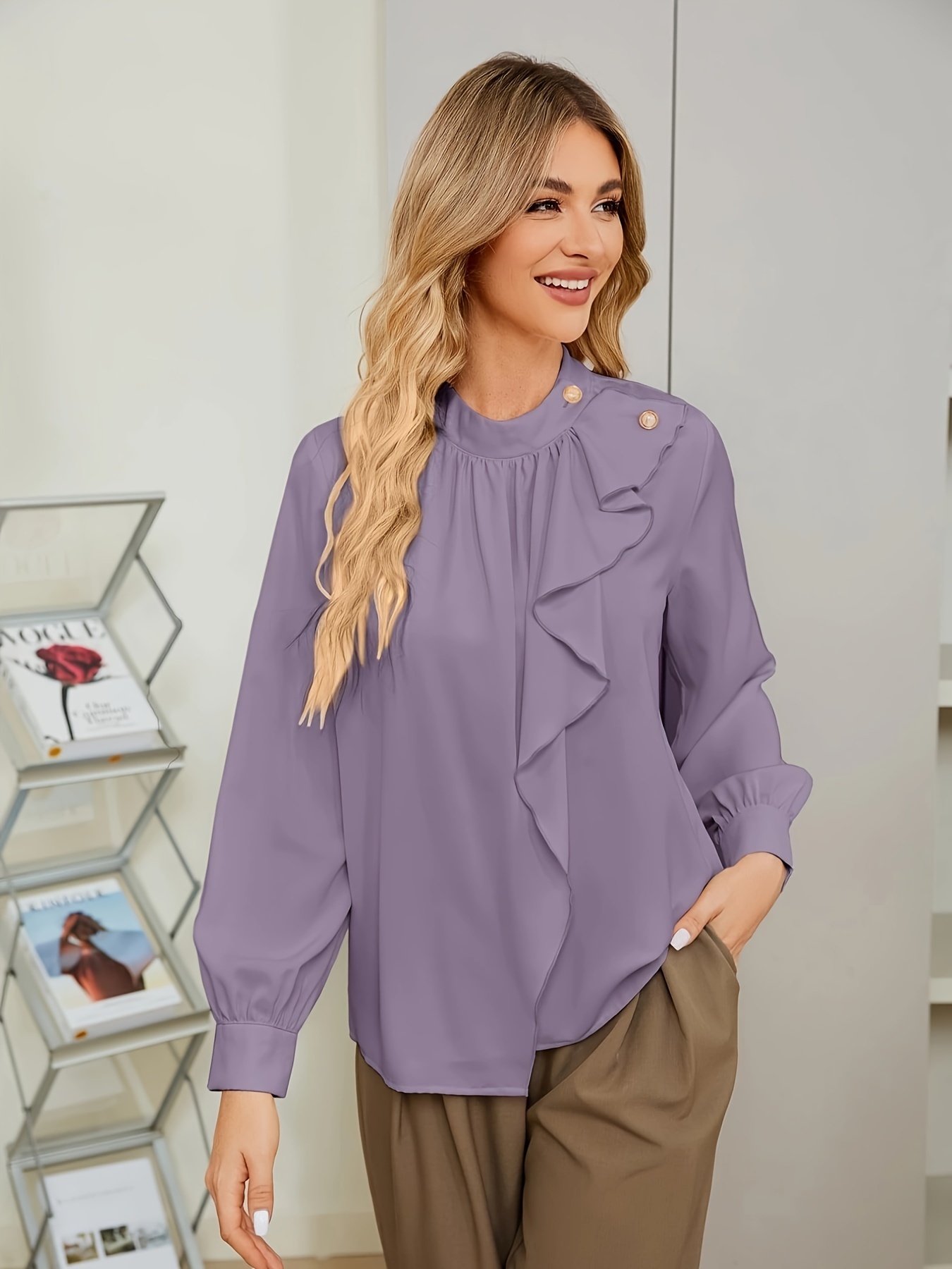 solid color ruffle trim blouse elegant button long sleeve blouse for spring fall womens clothing details 1