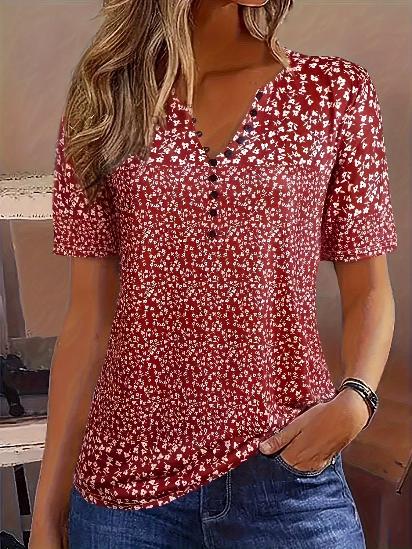 allover print button front v neck blouse casual short sleeve top for spring summer womens clothing details 0