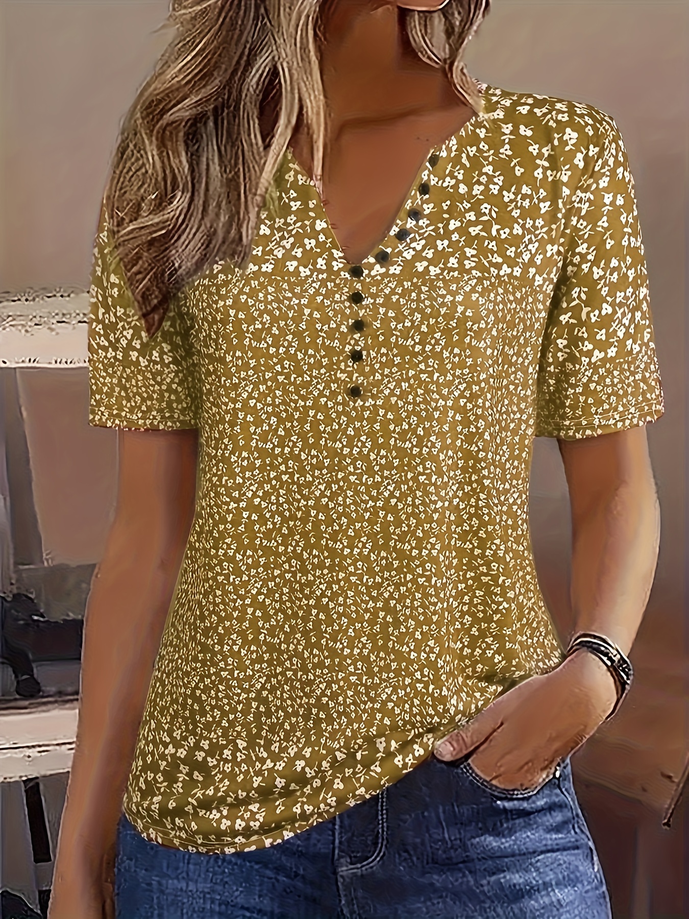 allover print button front v neck blouse casual short sleeve top for spring summer womens clothing details 1