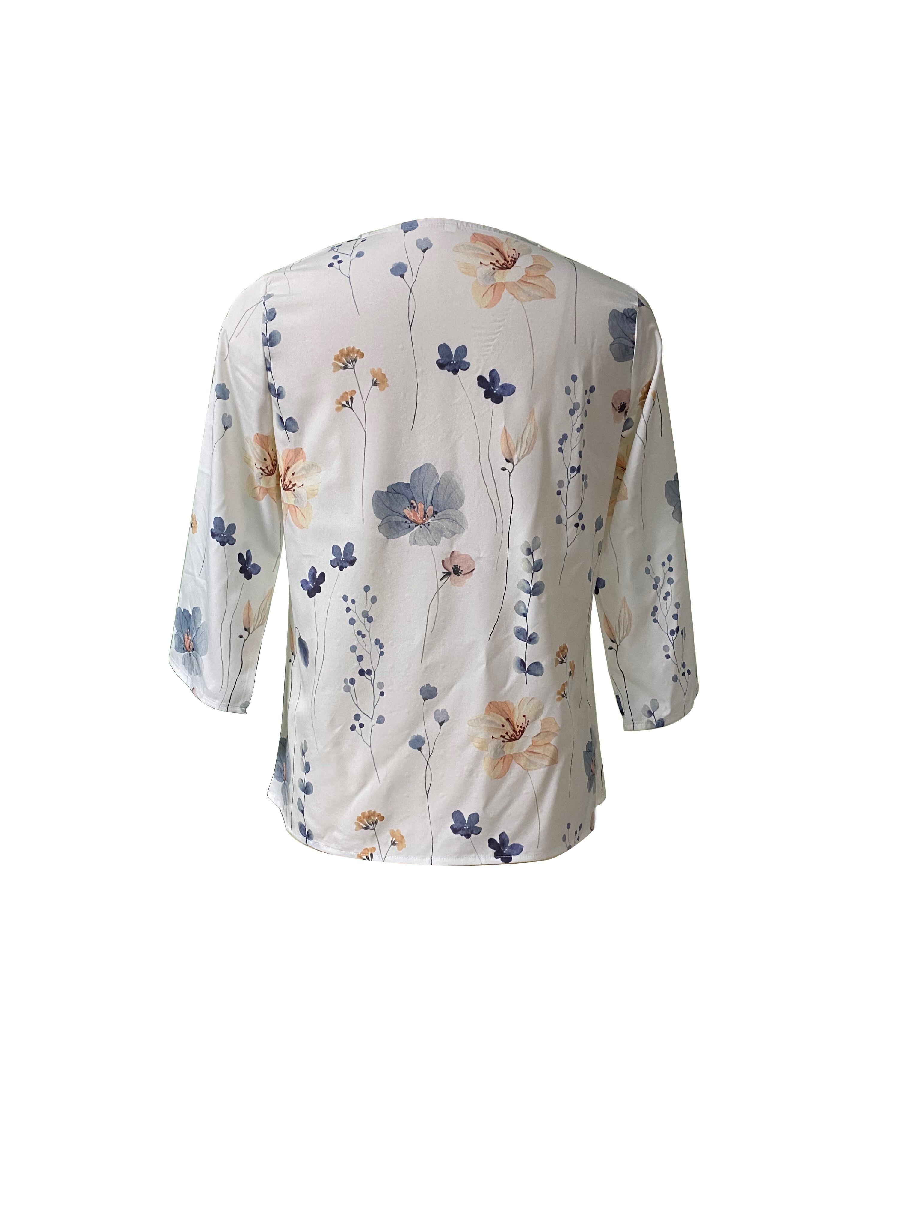 floral print v neck pullover blouse casual 3 4 sleeve blouse for spring summer womens clothing details 0