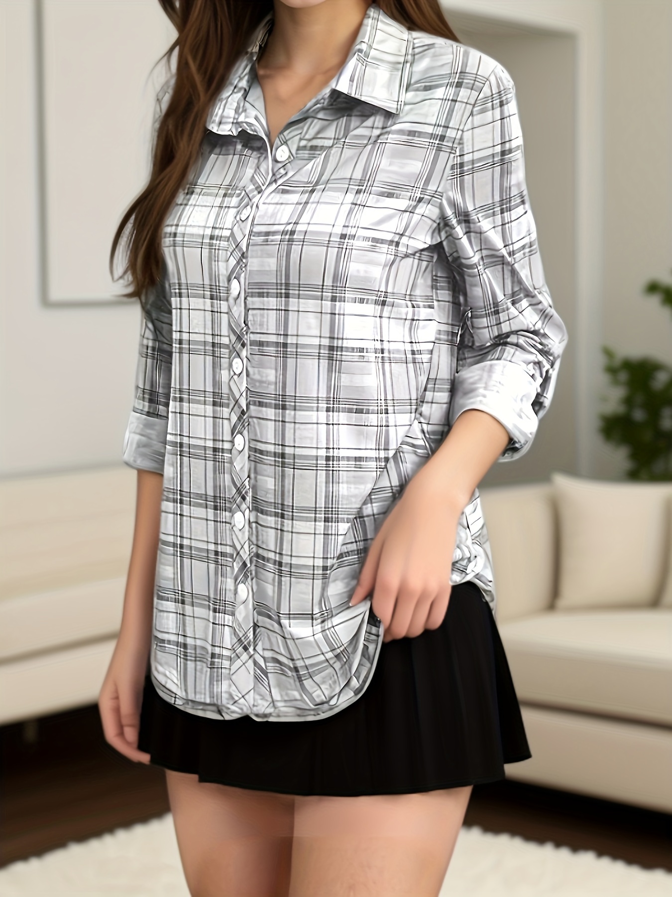 plaid pattern button front shirt elegant long sleeve lapel shirt for spring fall womens clothing details 10