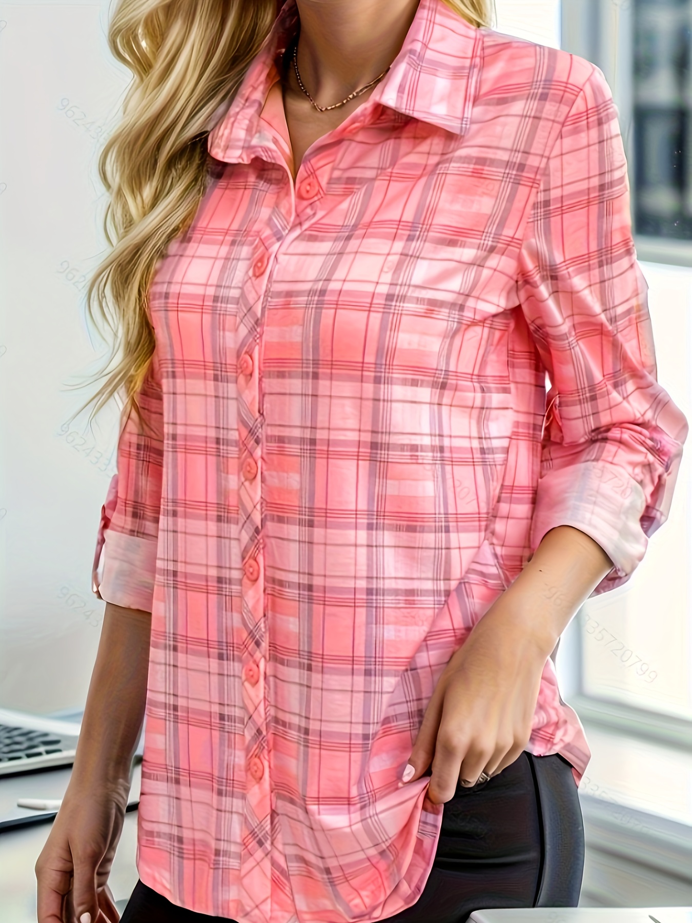 plaid pattern button front shirt elegant long sleeve lapel shirt for spring fall womens clothing details 12