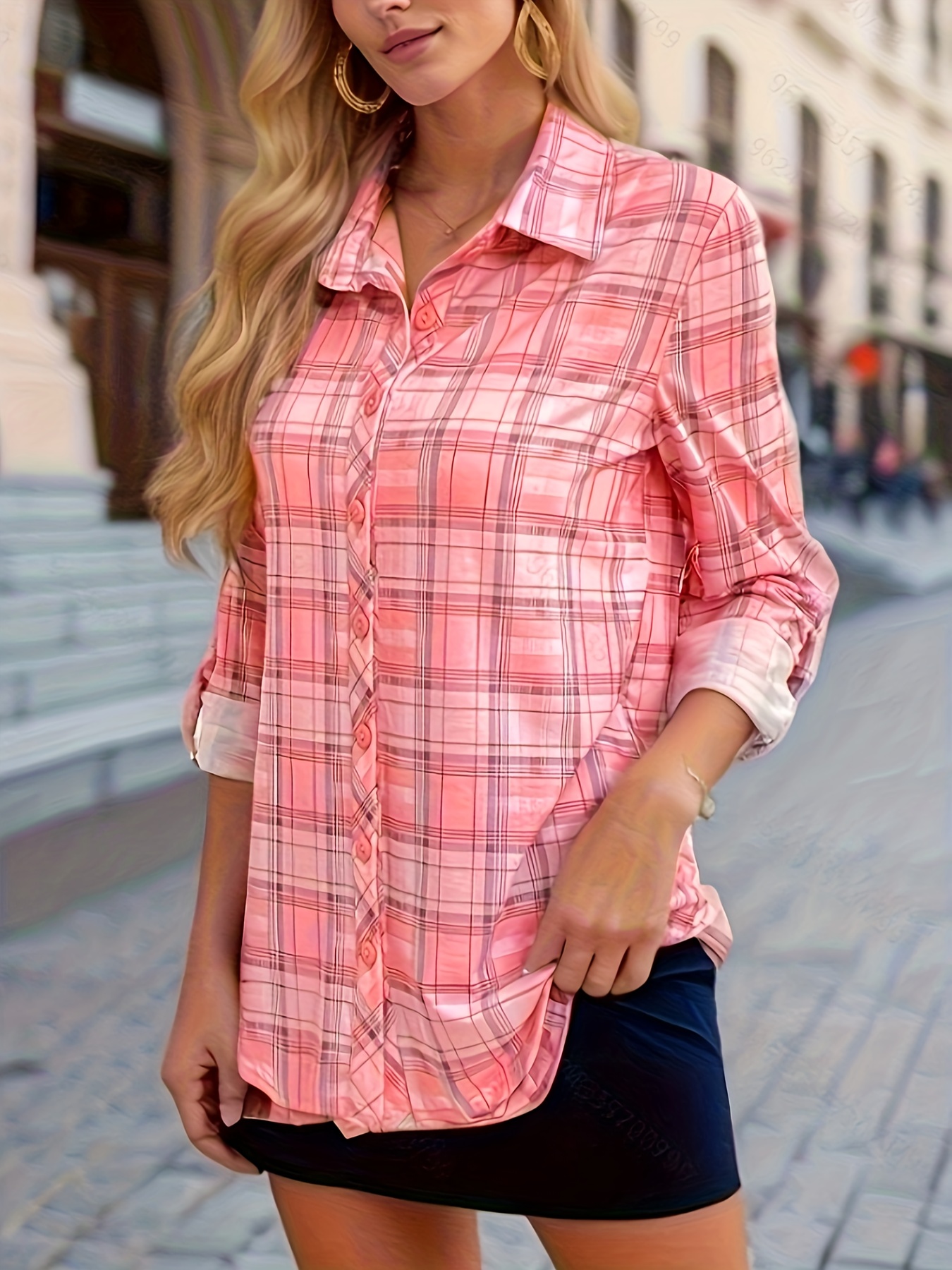 plaid pattern button front shirt elegant long sleeve lapel shirt for spring fall womens clothing details 13