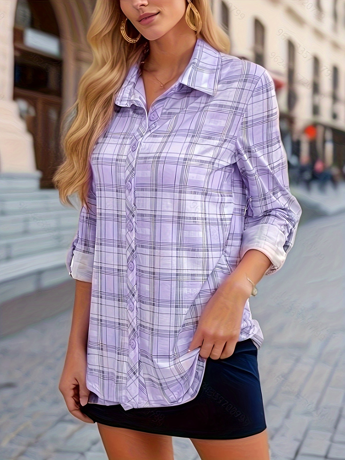 plaid pattern button front shirt elegant long sleeve lapel shirt for spring fall womens clothing details 19