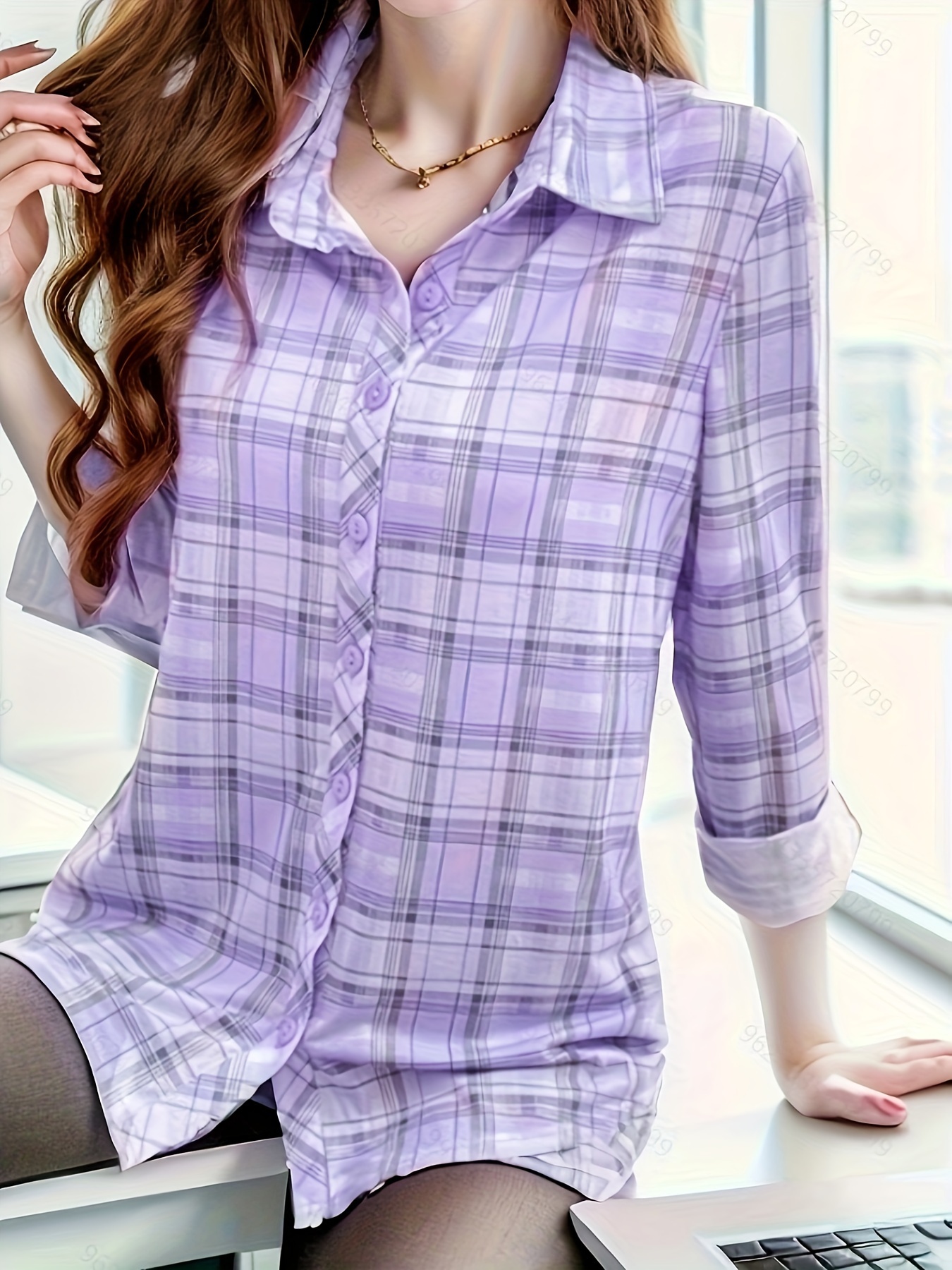 plaid pattern button front shirt elegant long sleeve lapel shirt for spring fall womens clothing details 20