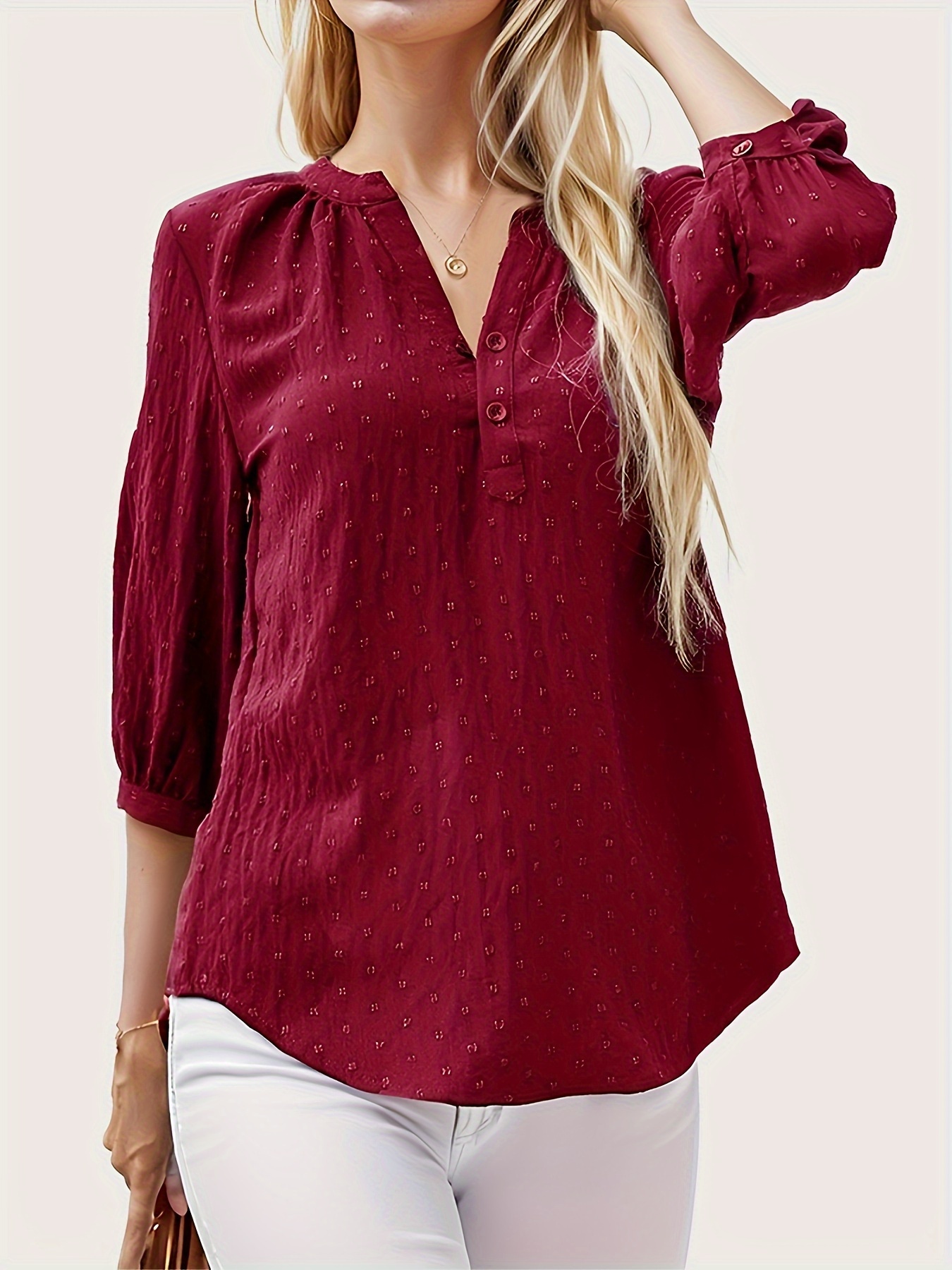   dot button notched neck blouse casual 3 4 sleeve blouse for spring summer womens clothing details 3