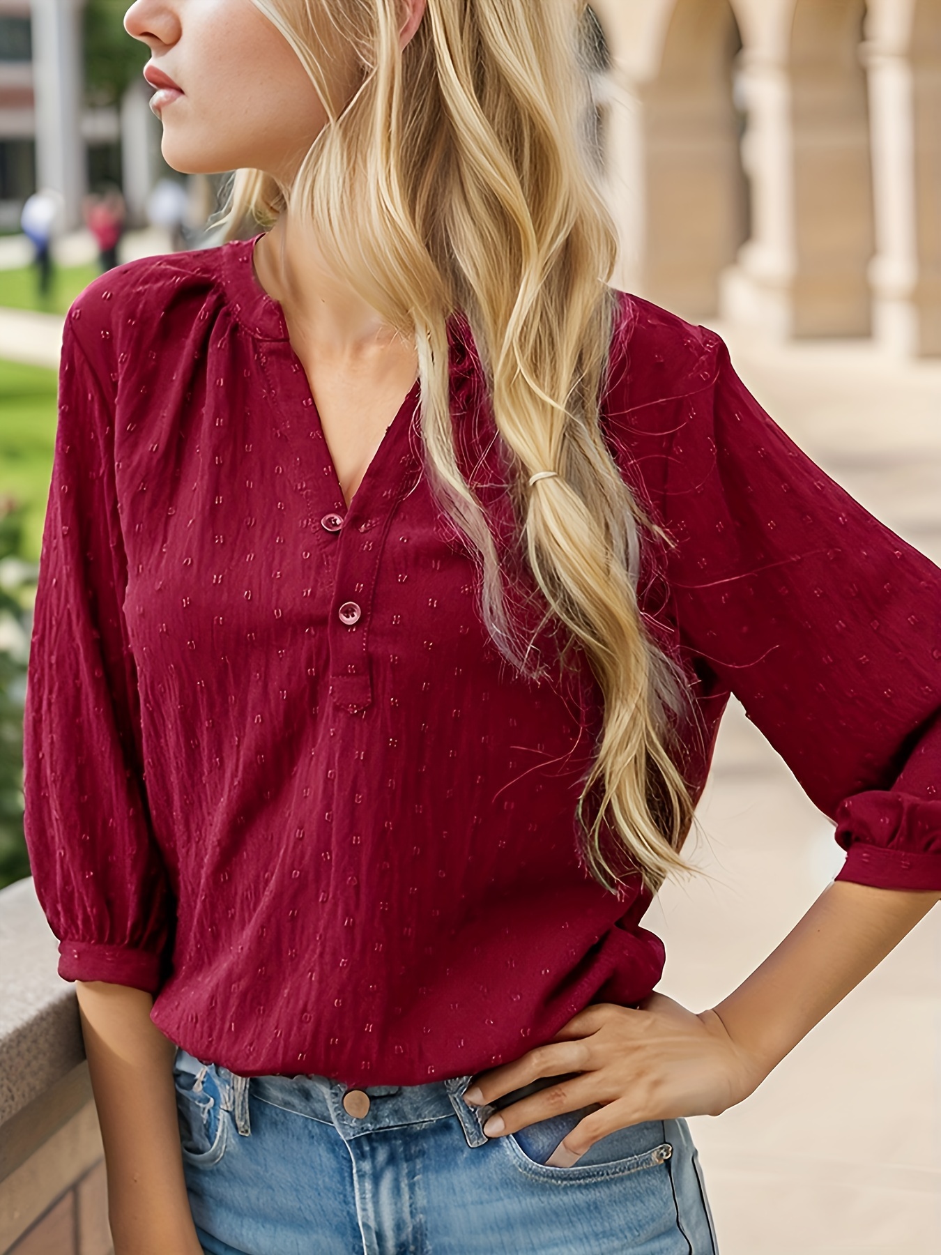   dot button notched neck blouse casual 3 4 sleeve blouse for spring summer womens clothing details 4