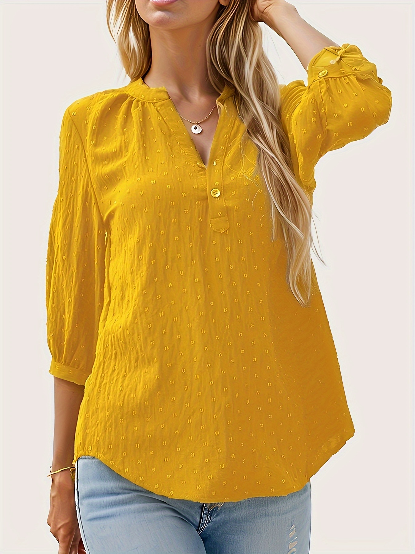   dot button notched neck blouse casual 3 4 sleeve blouse for spring summer womens clothing details 8