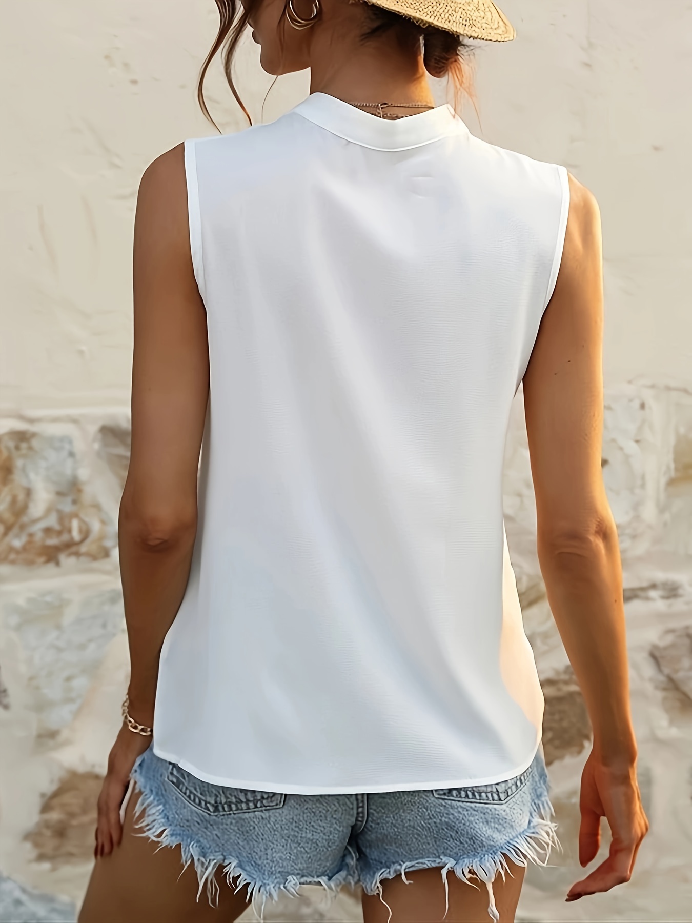 hollow out notched neck blouse vacation style sleeveless loose blouse for spring summer womens clothing details 2