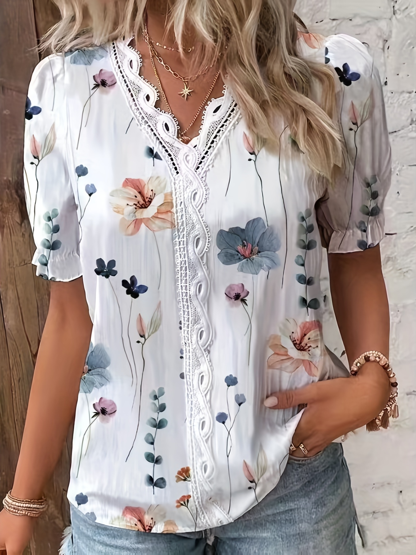 floral print v neck lace trim blouse casual puff sleeve blouse for summer womens clothing details 1