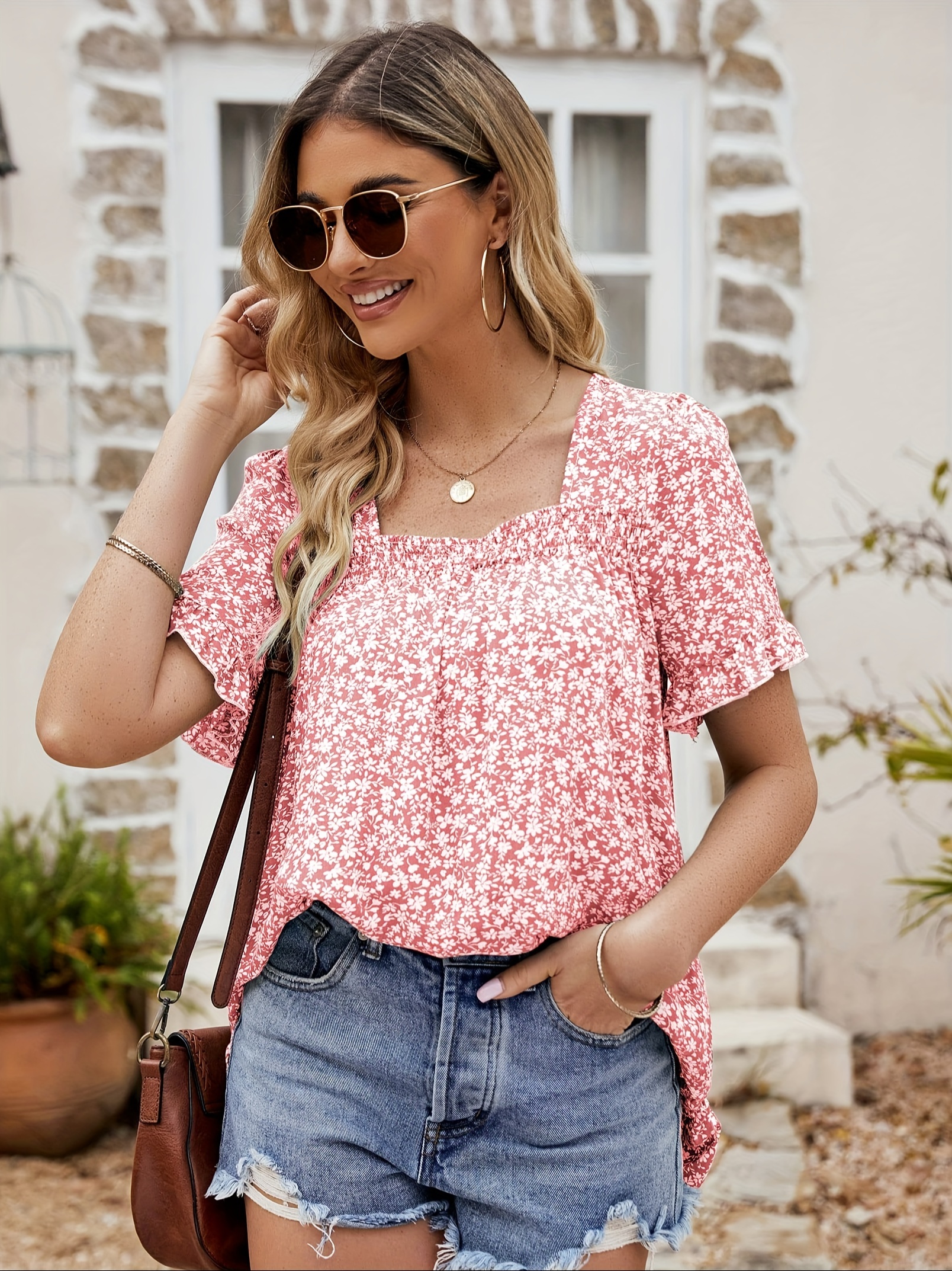 floral print square neck blouse casual short sleeve blouse for spring summer womens clothing details 1