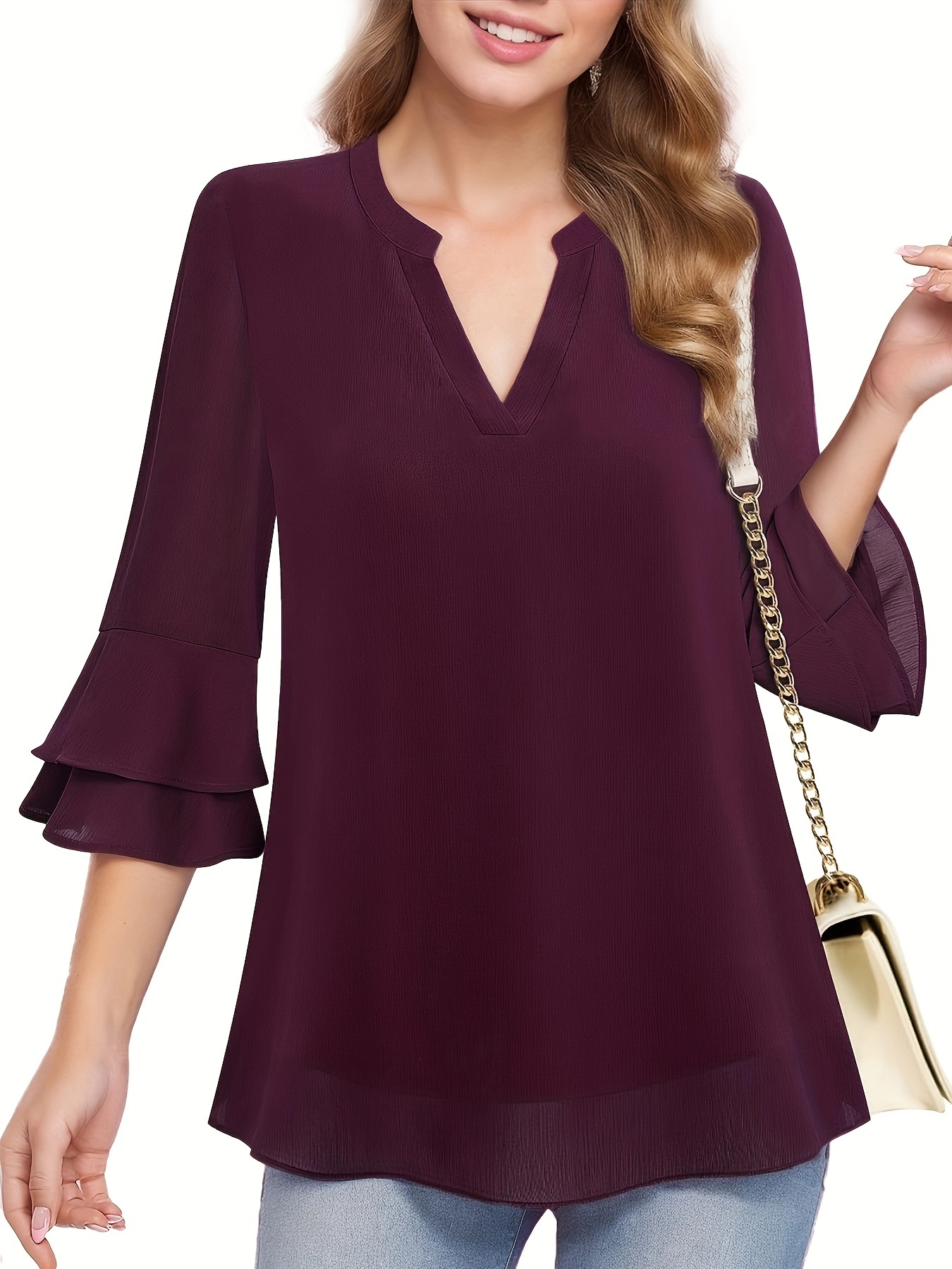 solid color notched neck blouse elegant layered flare sleeve blouse for spring fall womens clothing details 0