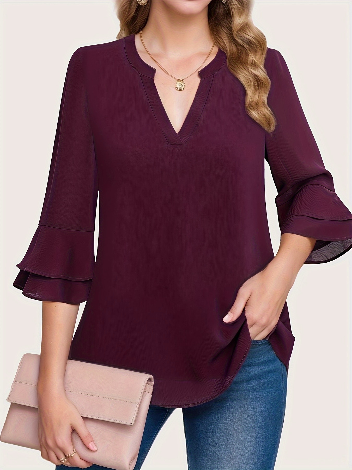 solid color notched neck blouse elegant layered flare sleeve blouse for spring fall womens clothing details 4