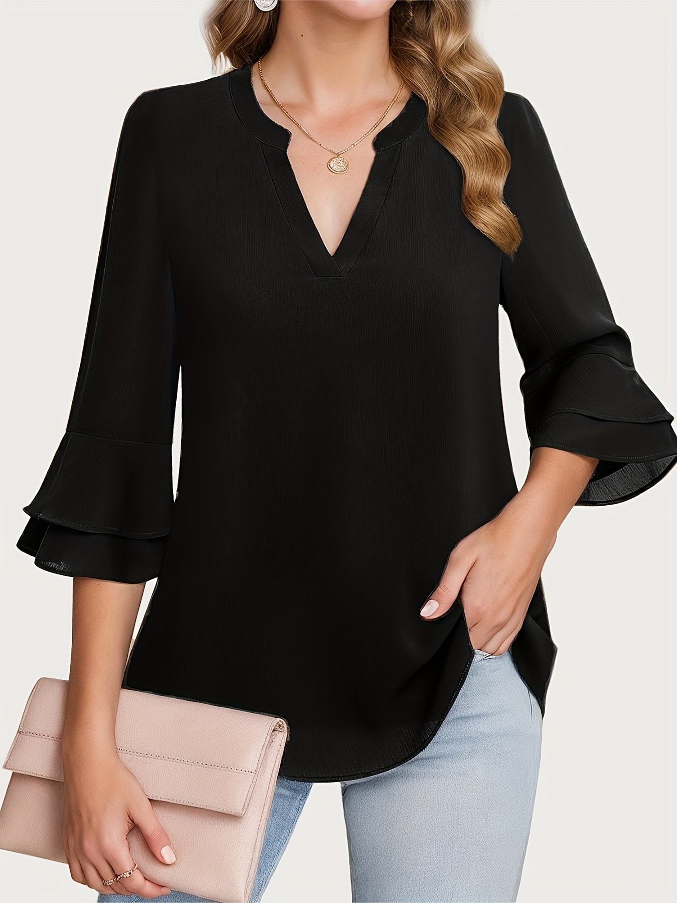 solid color notched neck blouse elegant layered flare sleeve blouse for spring fall womens clothing details 8