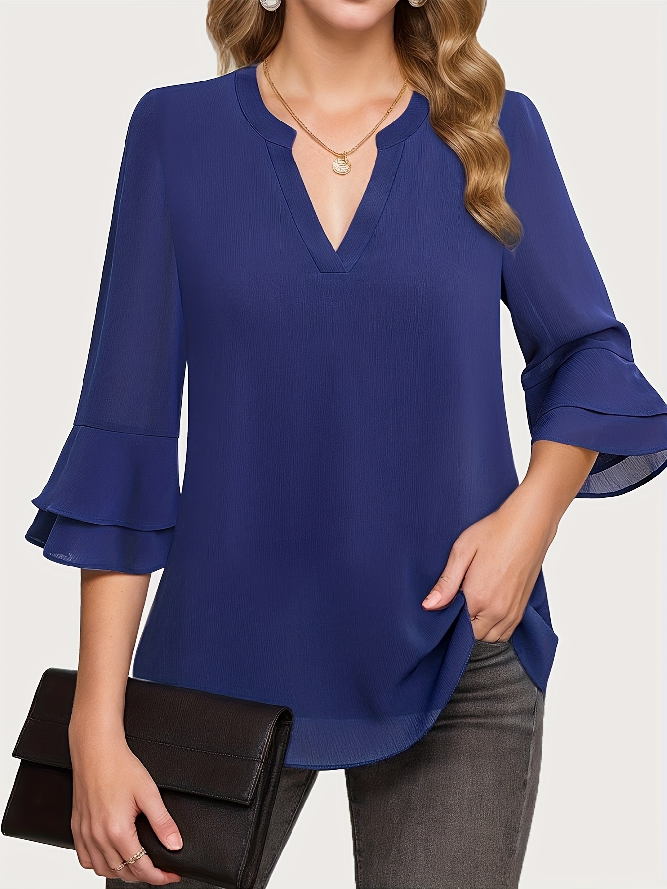 solid color notched neck blouse elegant layered flare sleeve blouse for spring fall womens clothing details 11