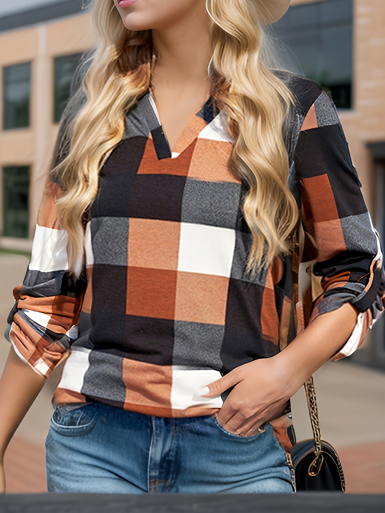 plaid print notched neck blouse casual long sleeve top for spring fall womens clothing details 0