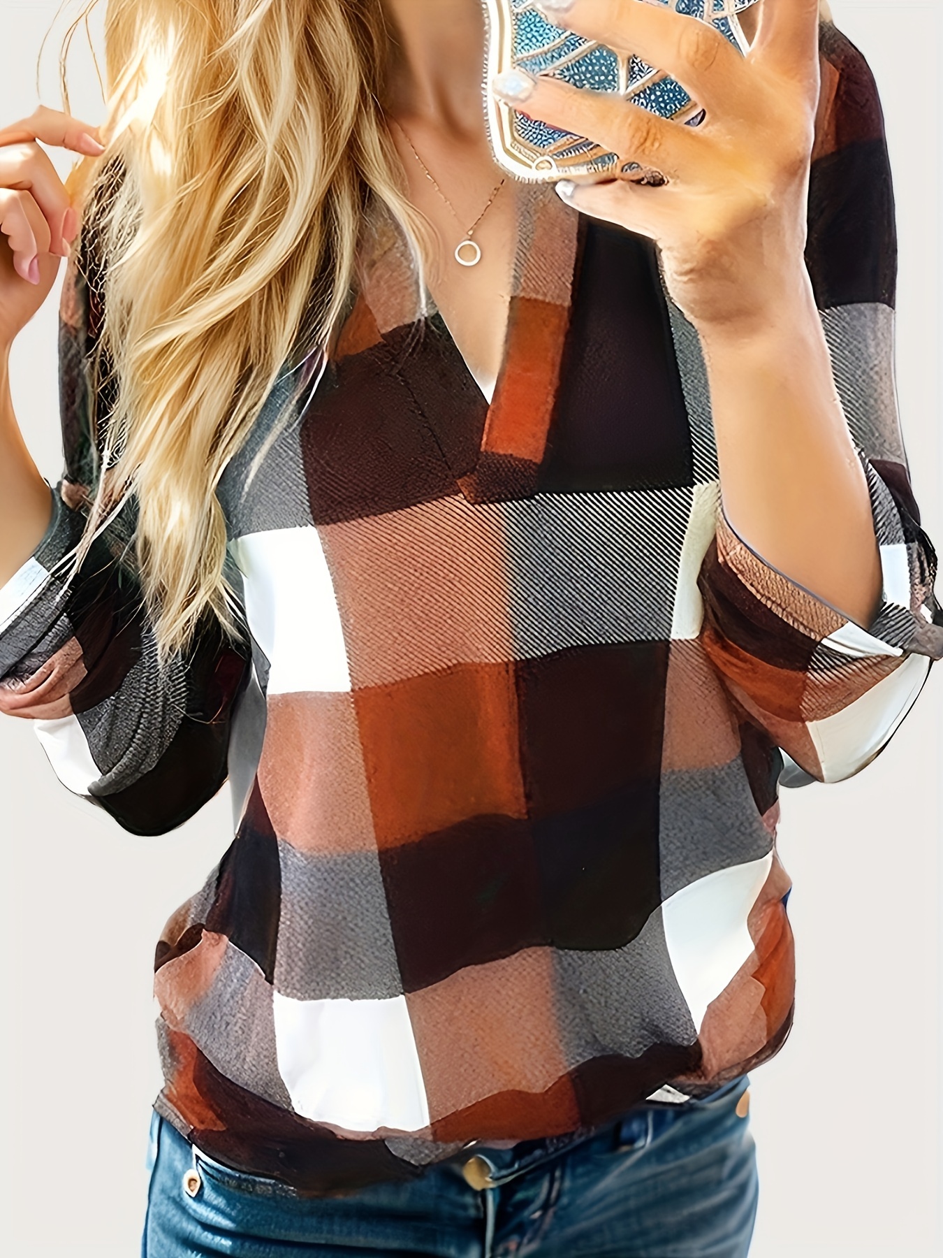 plaid print notched neck blouse casual long sleeve top for spring fall womens clothing details 2