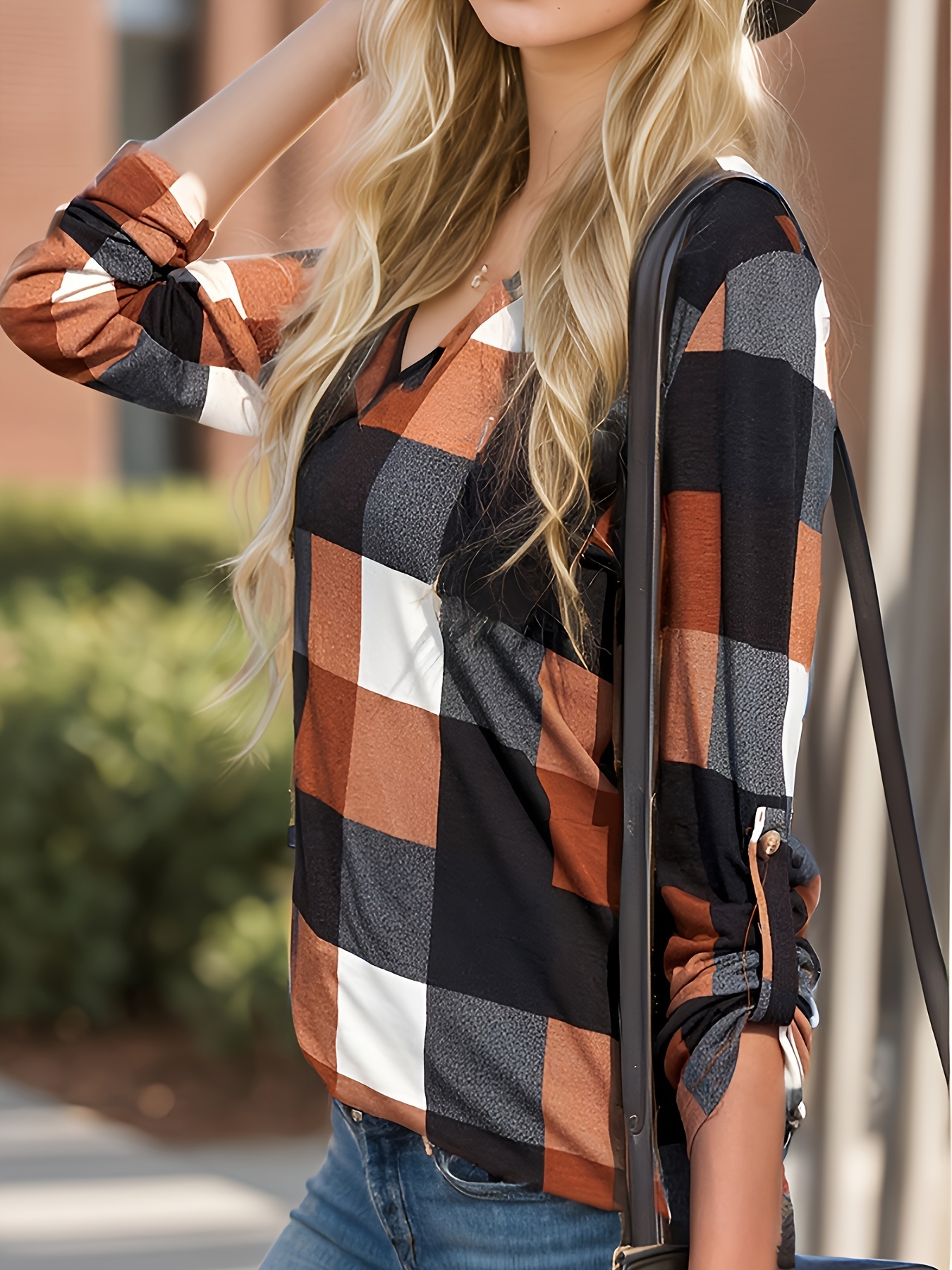 plaid print notched neck blouse casual long sleeve top for spring fall womens clothing details 3