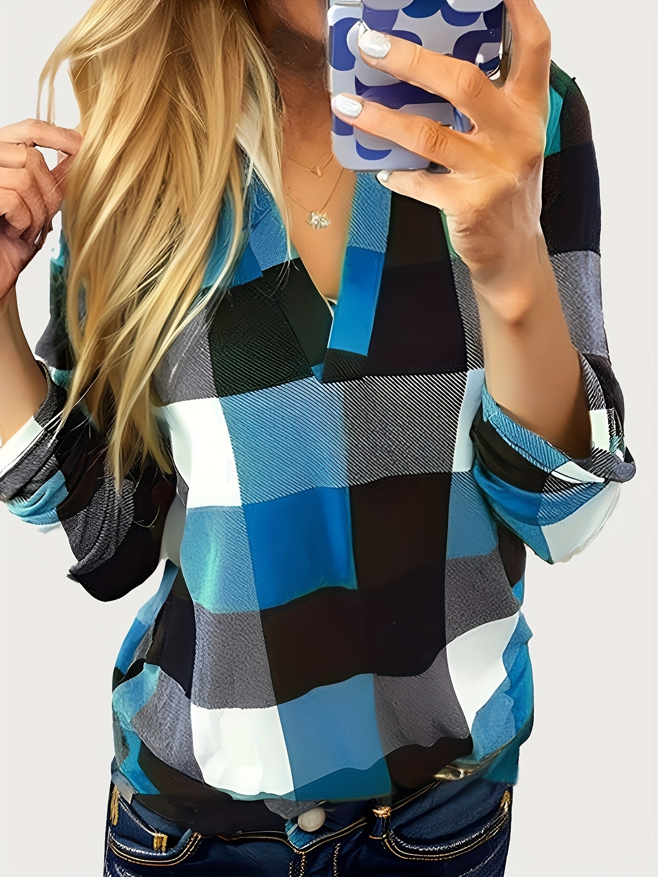 plaid print notched neck blouse casual long sleeve top for spring fall womens clothing details 6