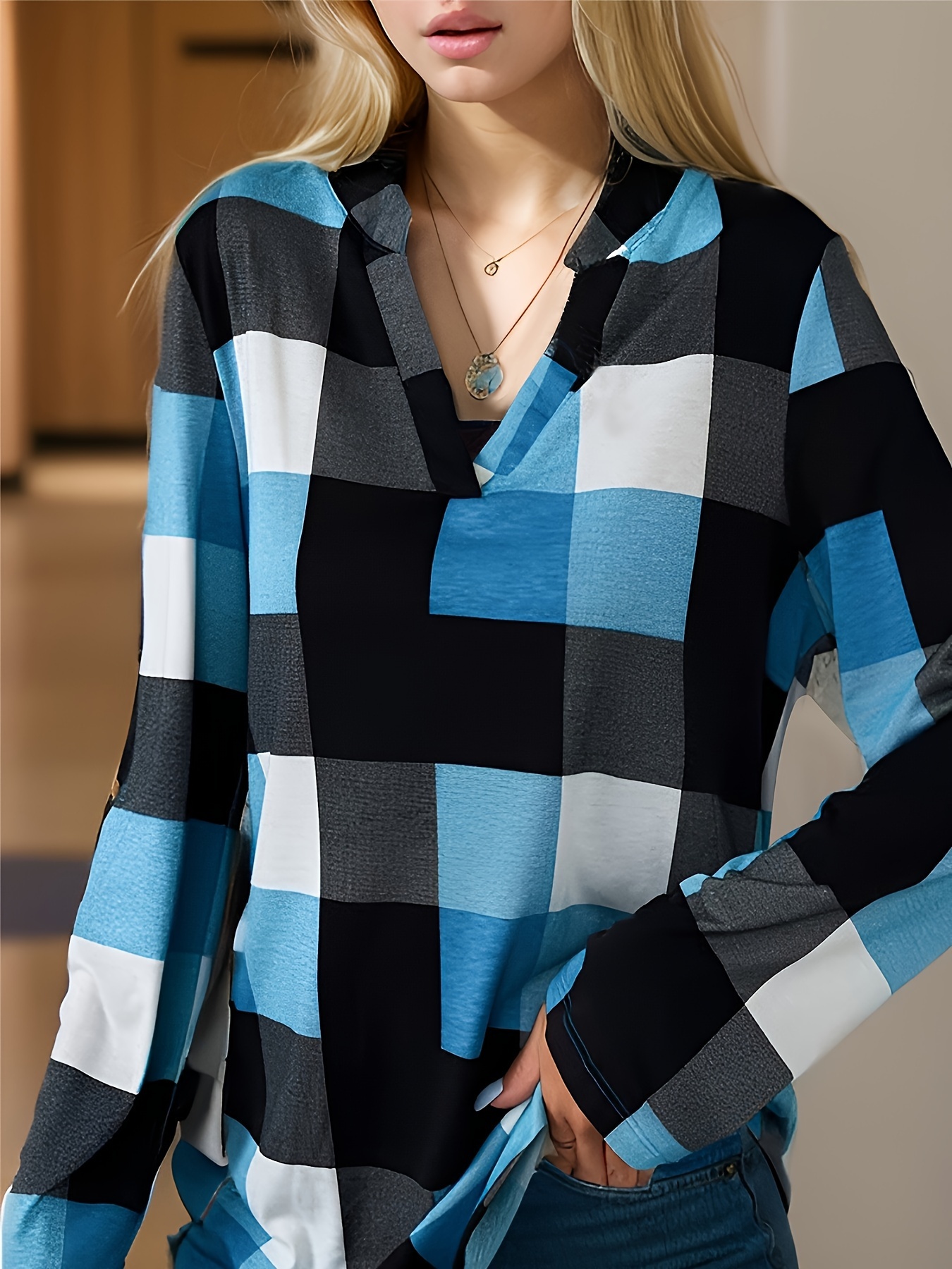 plaid print notched neck blouse casual long sleeve top for spring fall womens clothing details 7