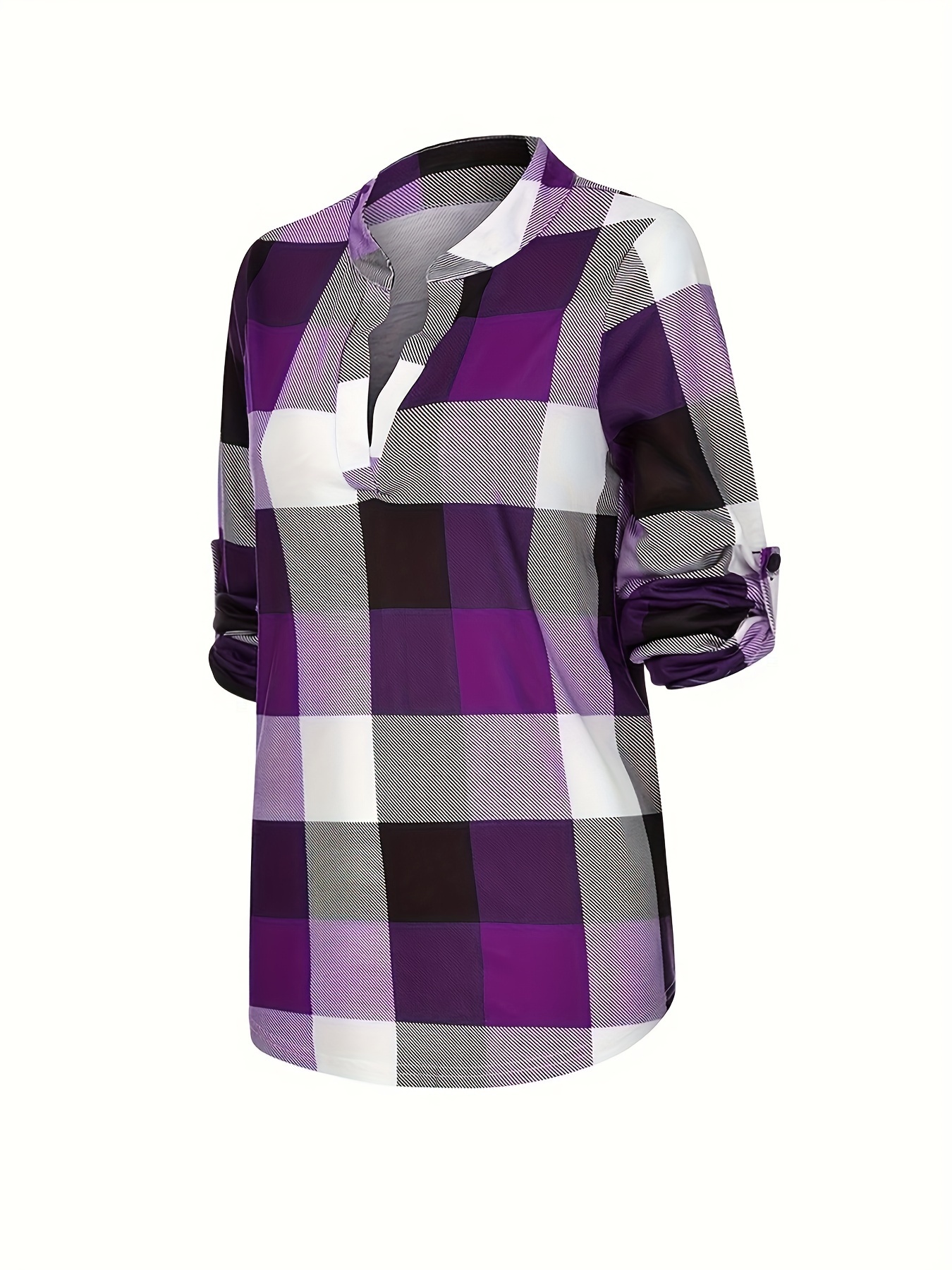 plaid print notched neck blouse casual long sleeve top for spring fall womens clothing details 9