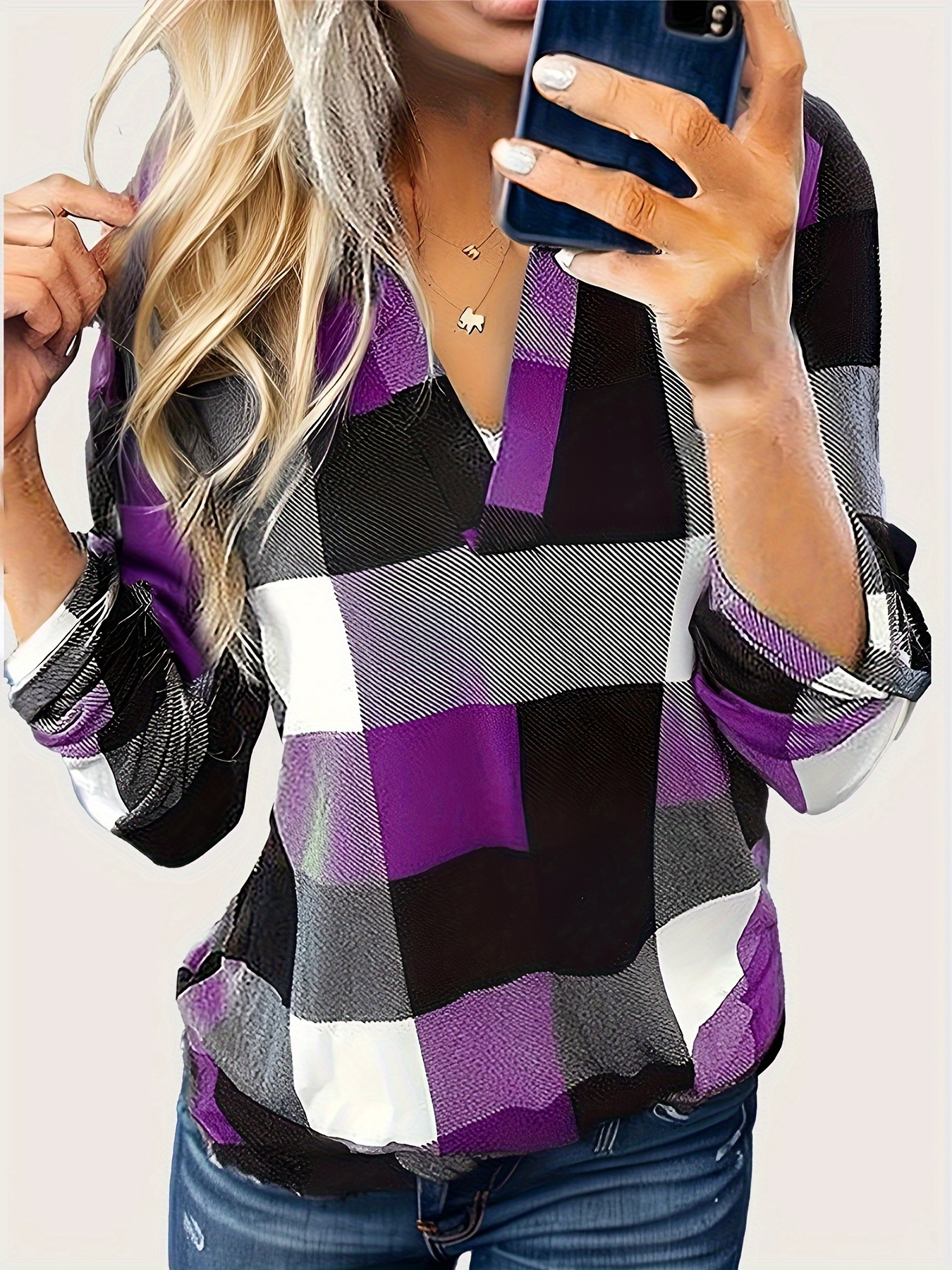 plaid print notched neck blouse casual long sleeve top for spring fall womens clothing details 10