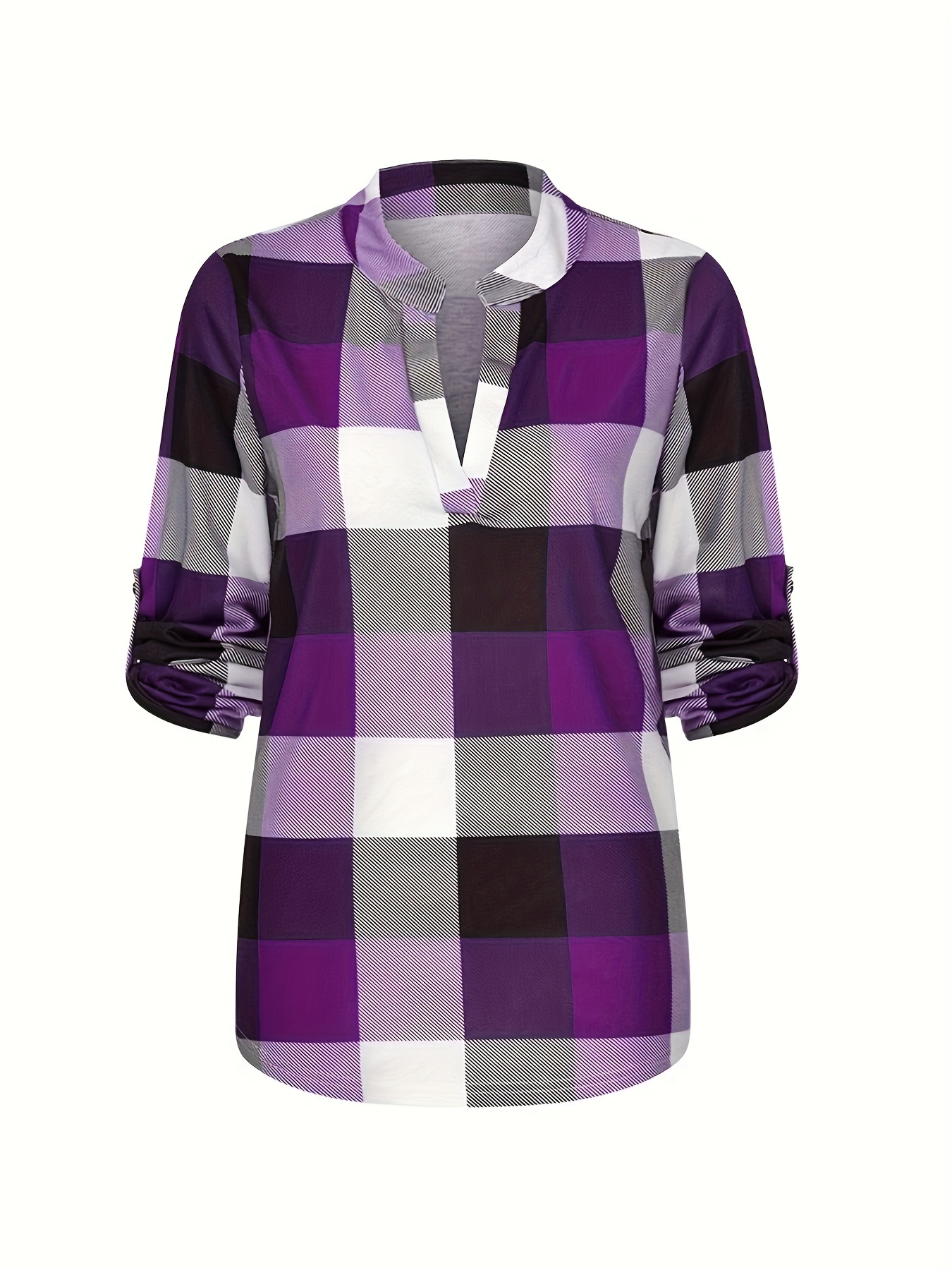 plaid print notched neck blouse casual long sleeve top for spring fall womens clothing details 12