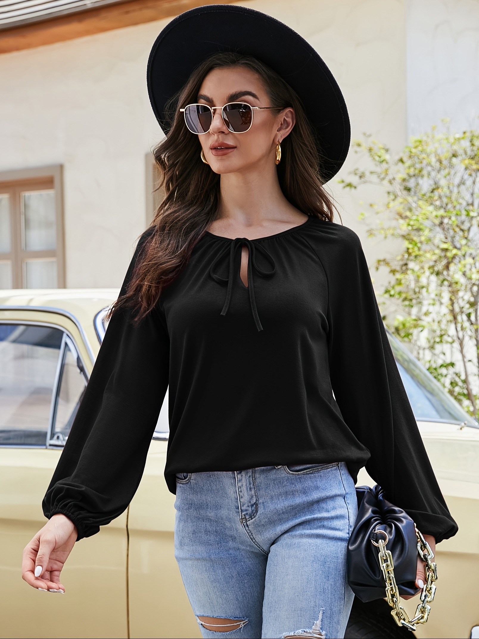 solid color tie front blouse elegant lantern sleeve loose blouse for spring fall womens clothing details 6