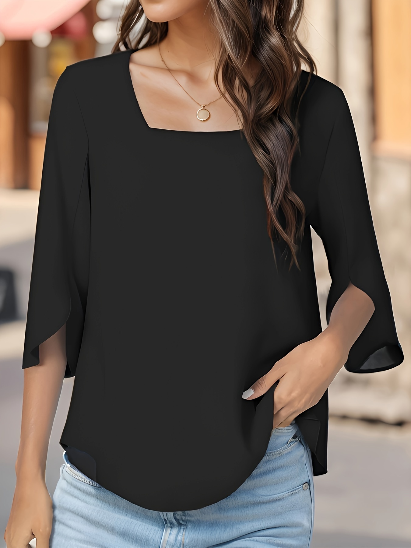 solid color square neck blouse versatile half sleeve loose blouse for spring fall womens clothing details 0