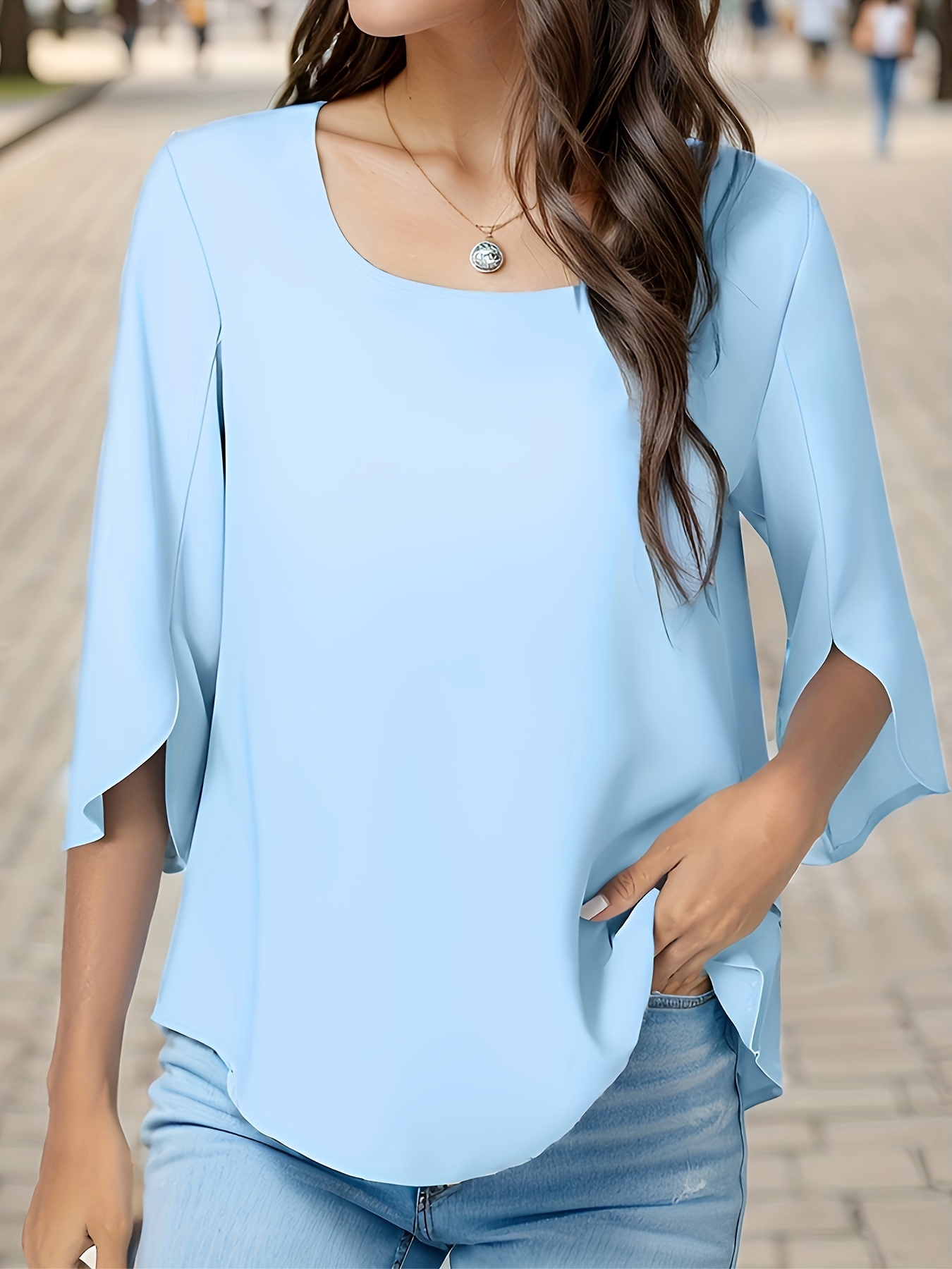 solid color square neck blouse versatile half sleeve loose blouse for spring fall womens clothing details 4