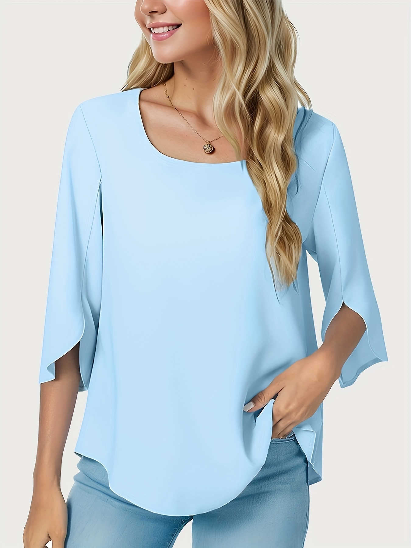 solid color square neck blouse versatile half sleeve loose blouse for spring fall womens clothing details 5