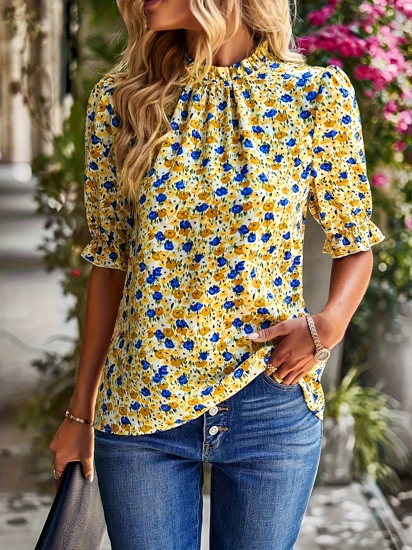 floral print mock neck blouse elegant puff sleeve ruched blouse womens clothing details 0