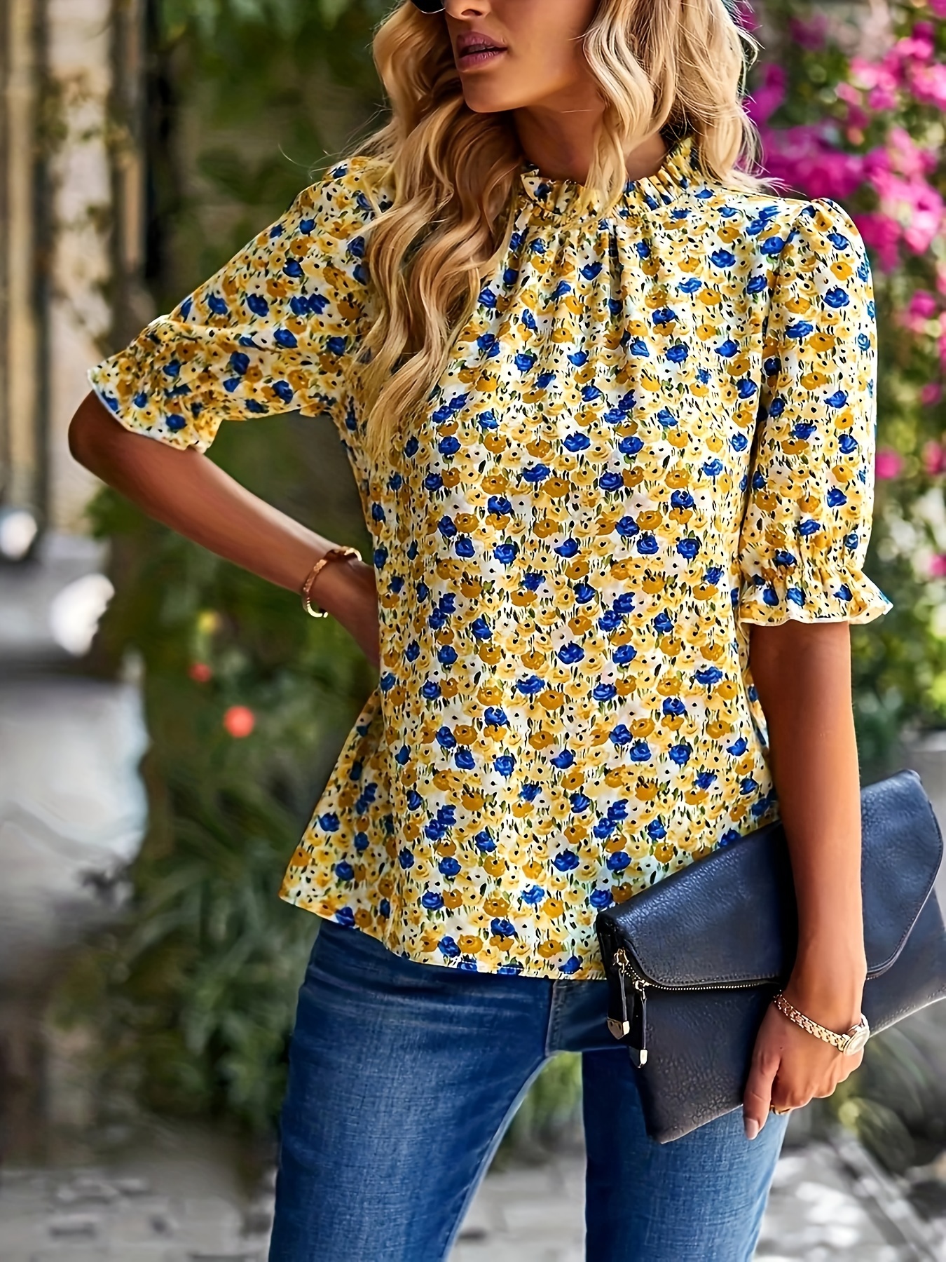 floral print mock neck blouse elegant puff sleeve ruched blouse womens clothing details 1