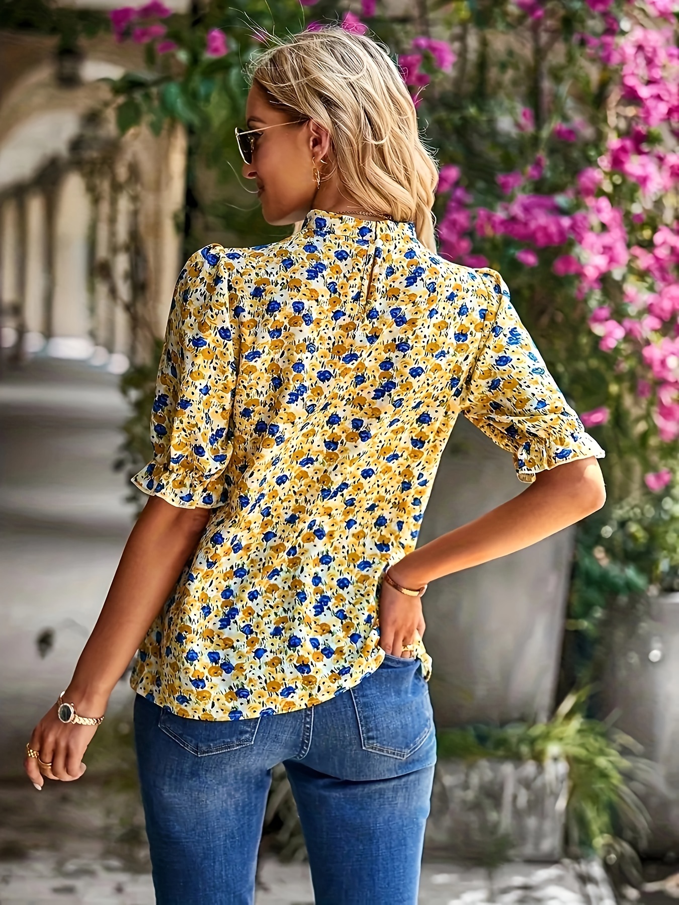 floral print mock neck blouse elegant puff sleeve ruched blouse womens clothing details 2