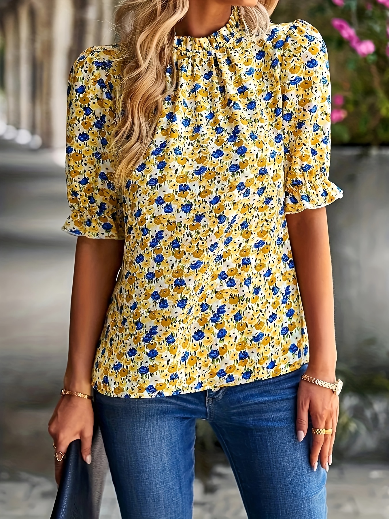 floral print mock neck blouse elegant puff sleeve ruched blouse womens clothing details 3