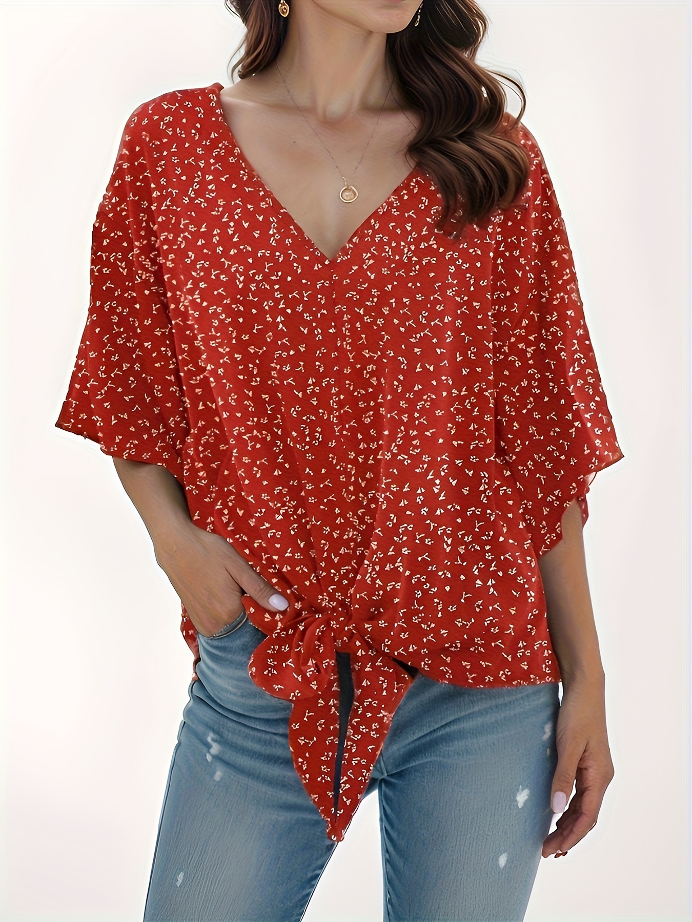 floral print lace up blouse casual short sleeve v neck blouse womens clothing details 7