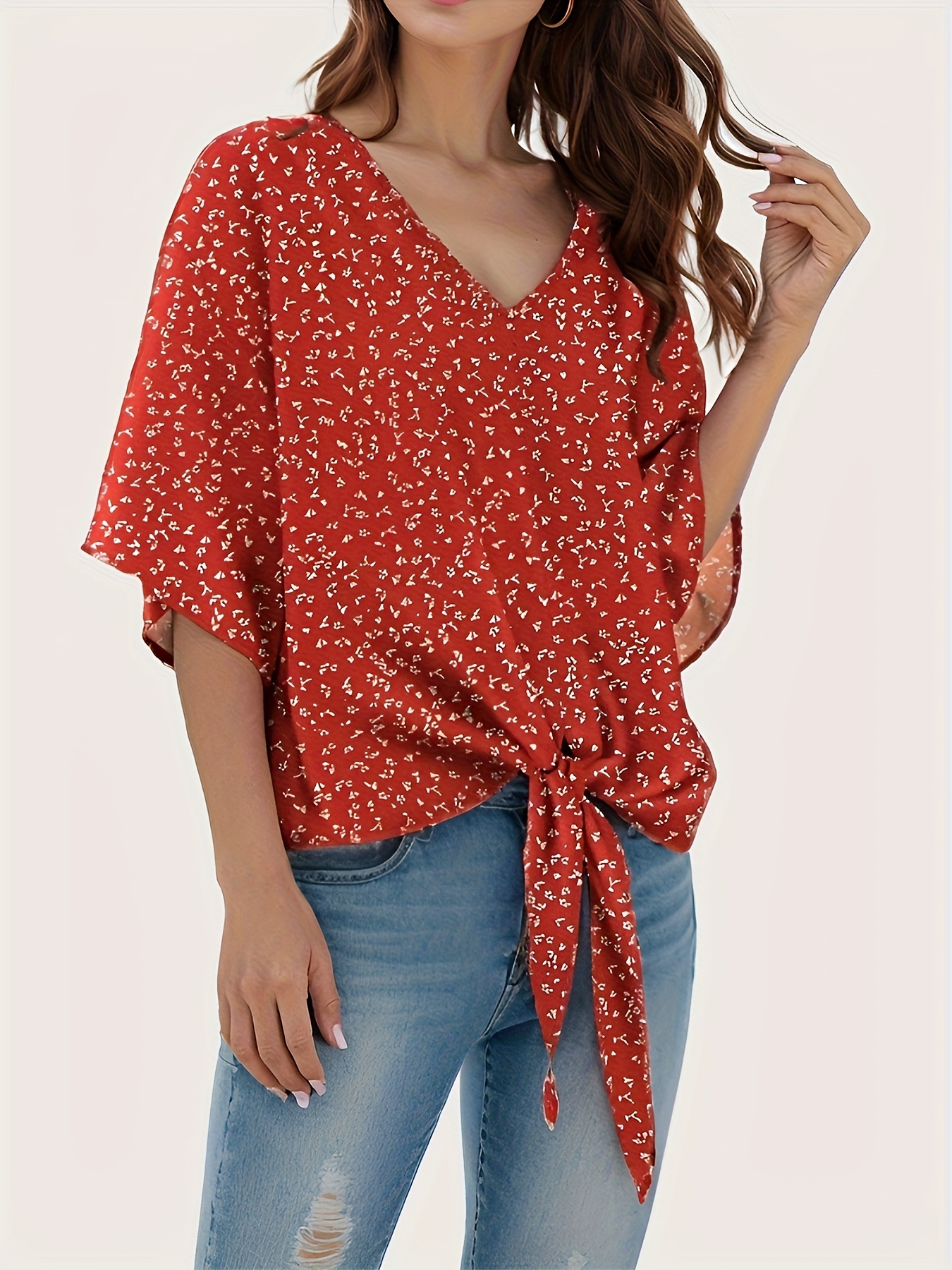 floral print lace up blouse casual short sleeve v neck blouse womens clothing details 8