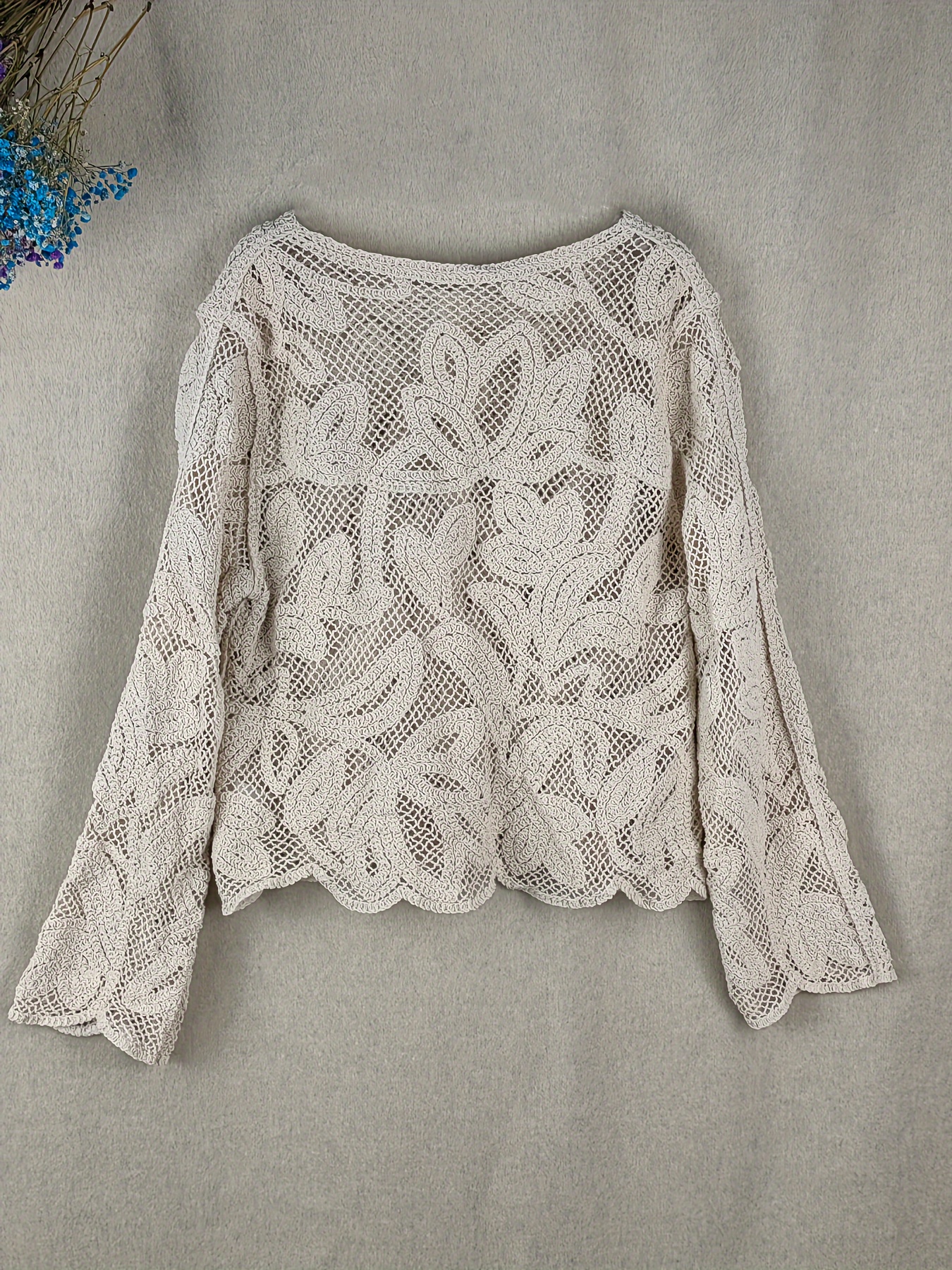 floral pattern lace shirt casual long sleeve scallop trim shirt womens clothing details 0