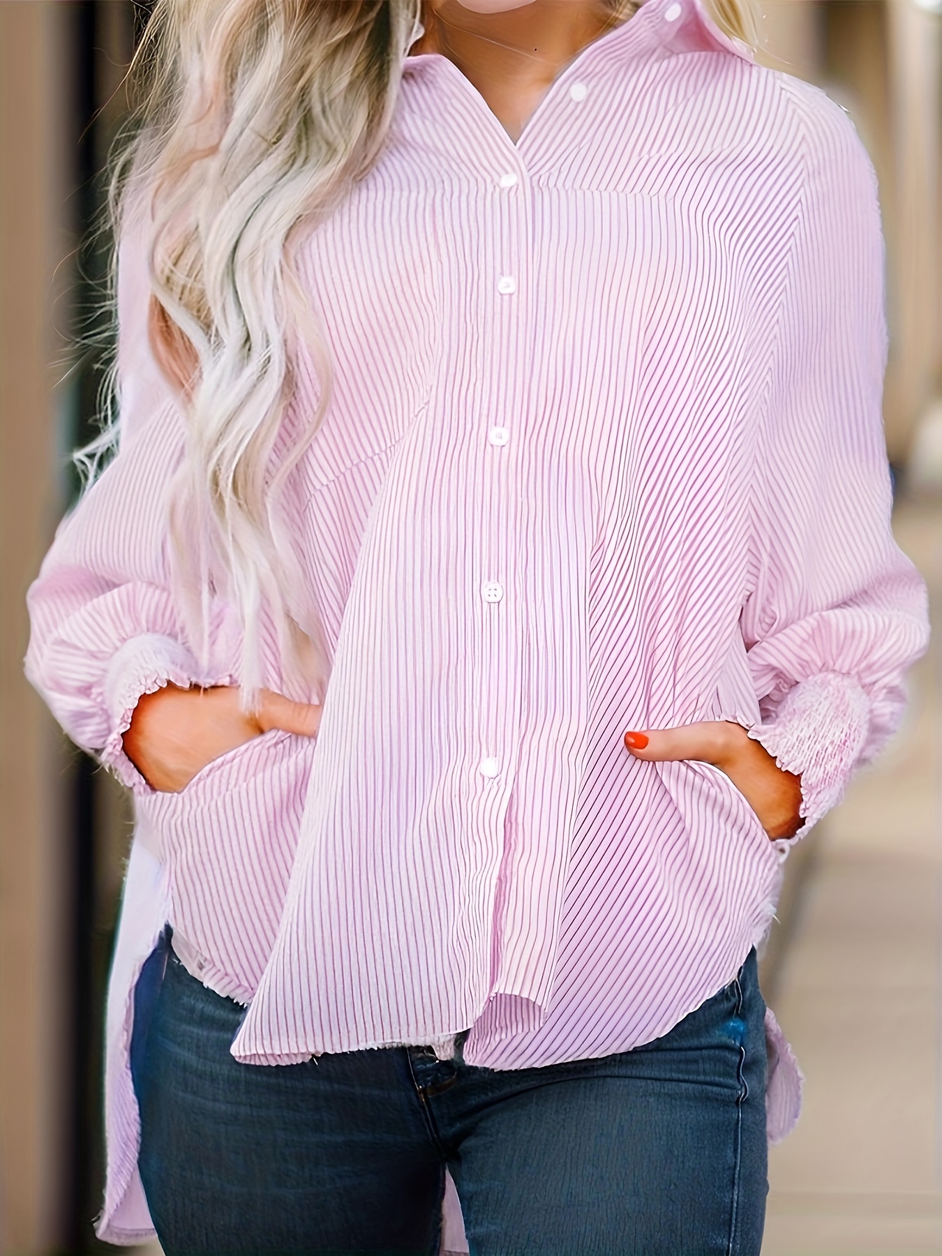 striped print button up blouse casual lantern sleeve collared loose blouse womens clothing details 2