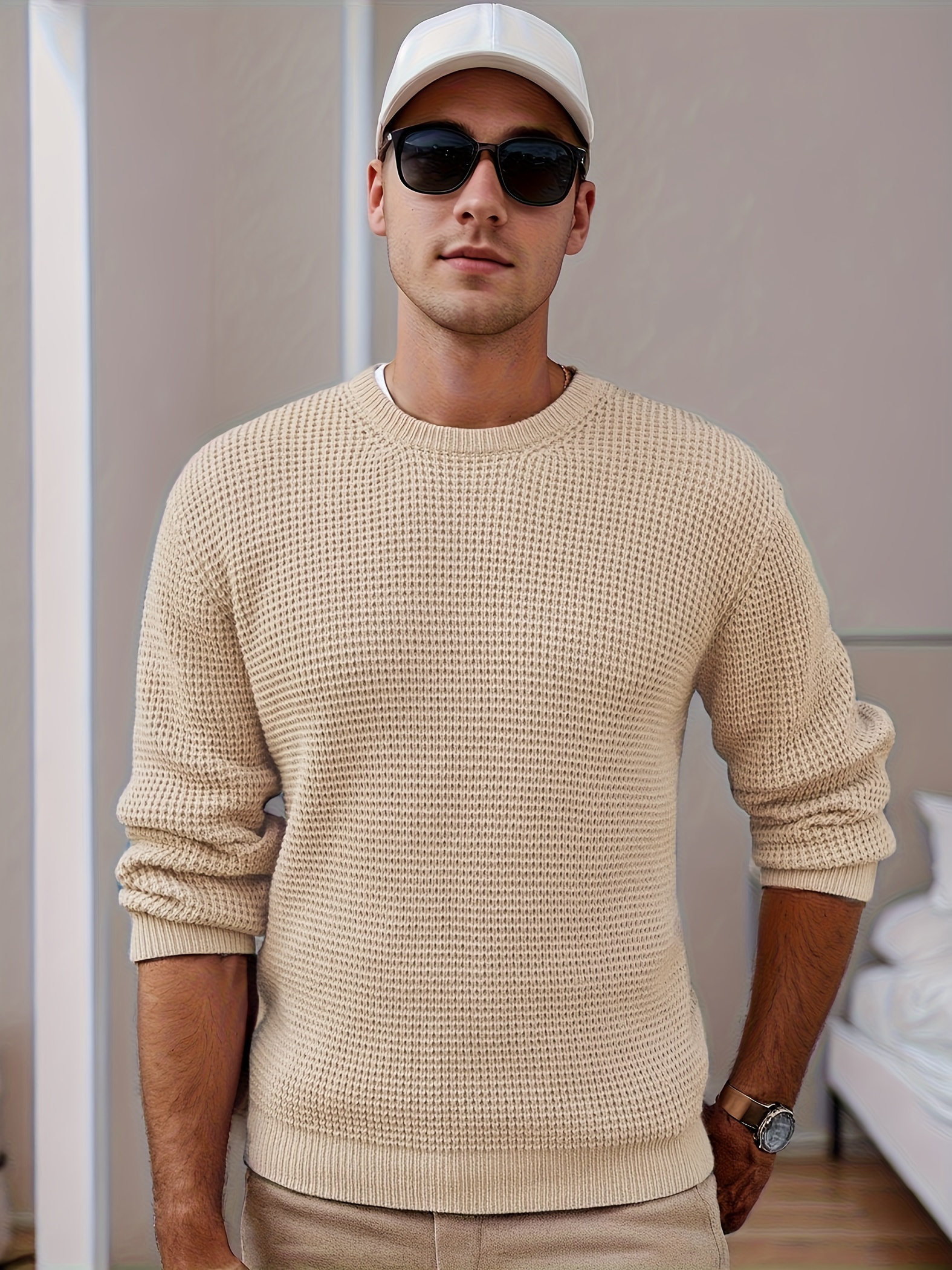 mens crew neck waffle texture long sleeved knit sweater details 1