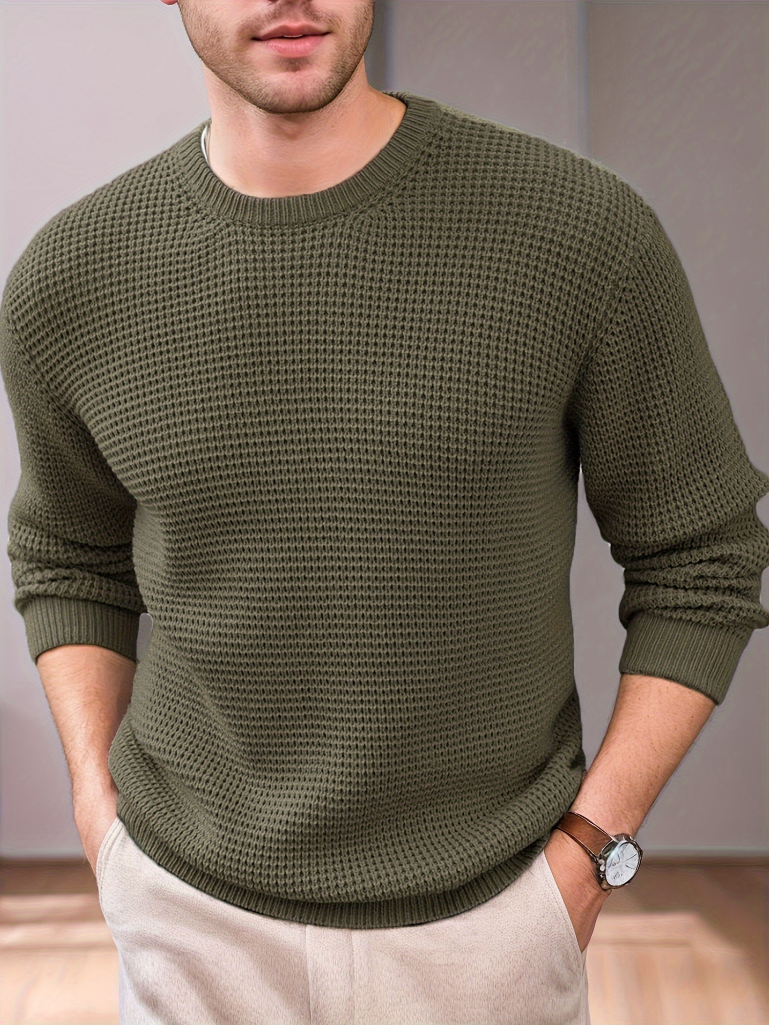 mens crew neck waffle texture long sleeved knit sweater details 6